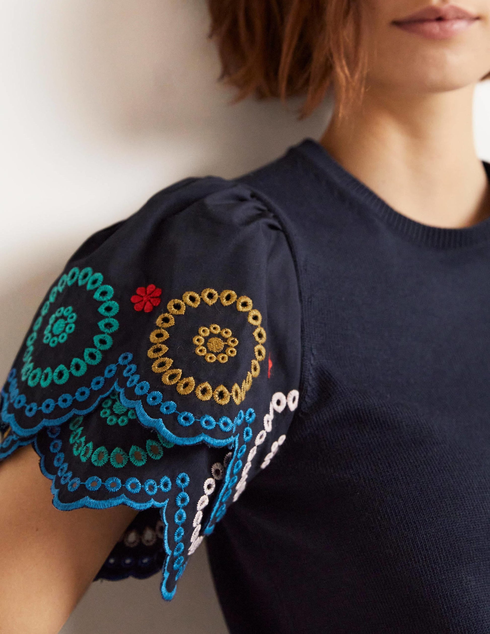 Knitted Sleeve Detail T-shirt-Navy-2