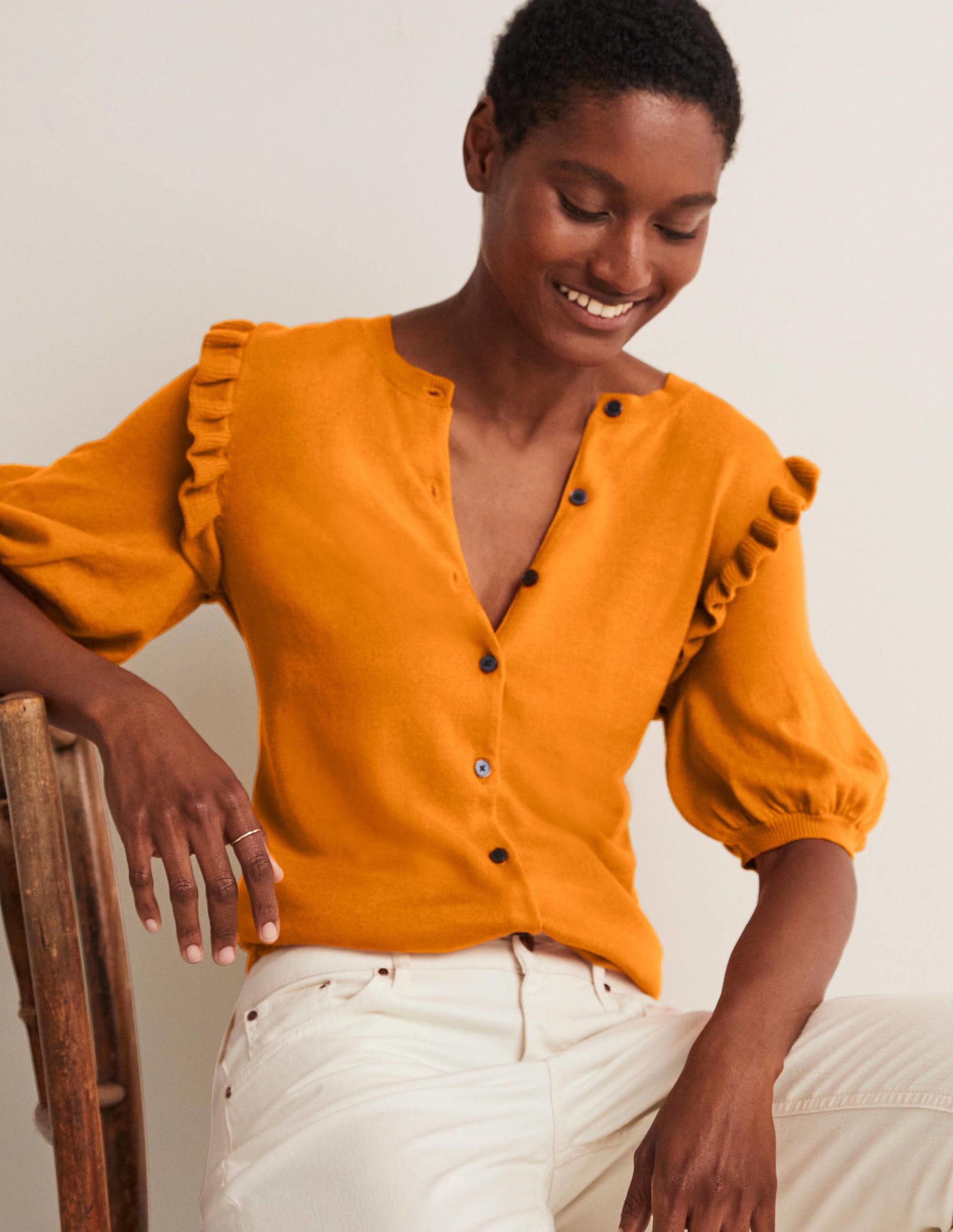 Frill Shoulder Cotton Cardigan-Desert Sun Orange-1
