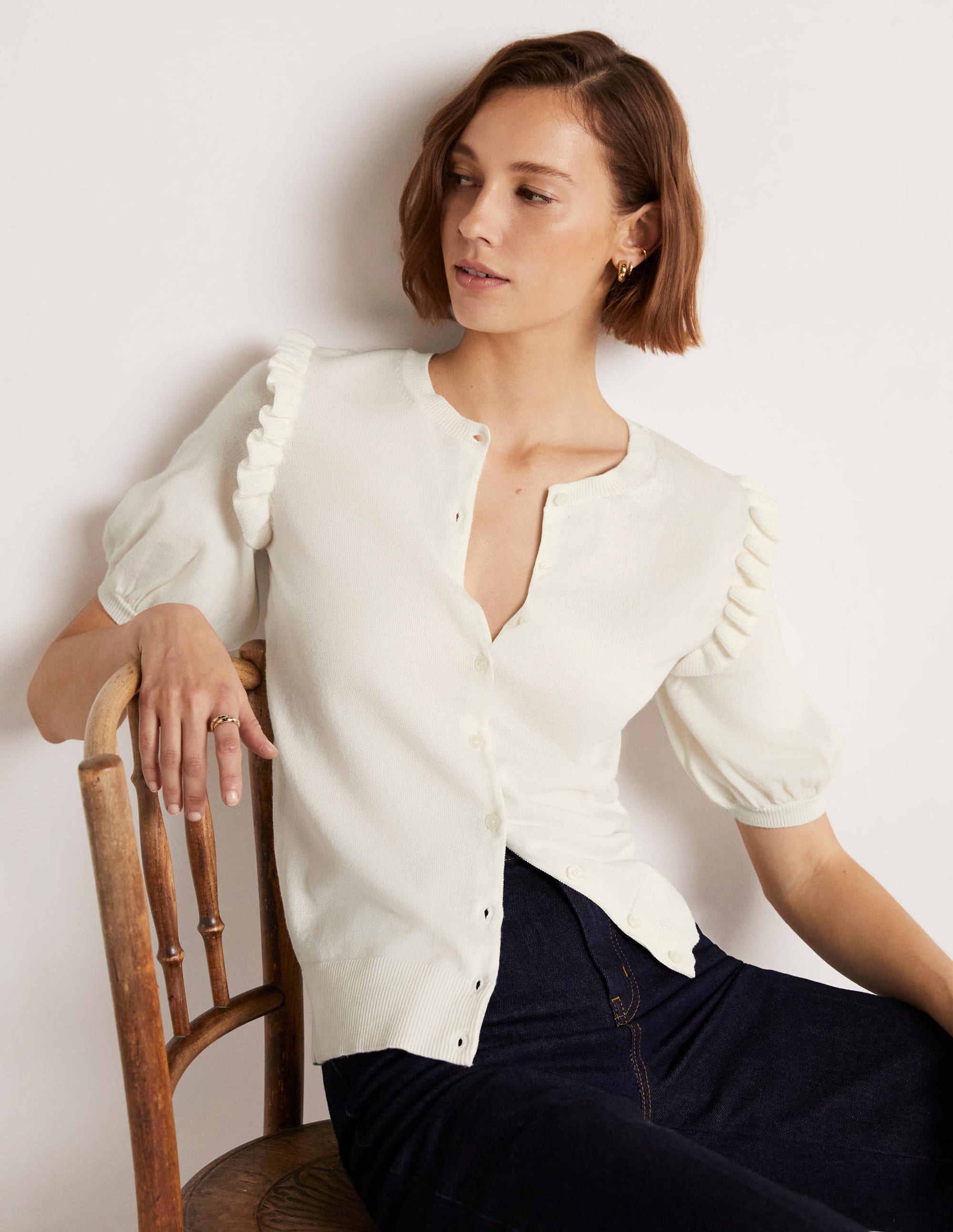 Frill Shoulder Cotton Cardigan-Ivory - Image 5