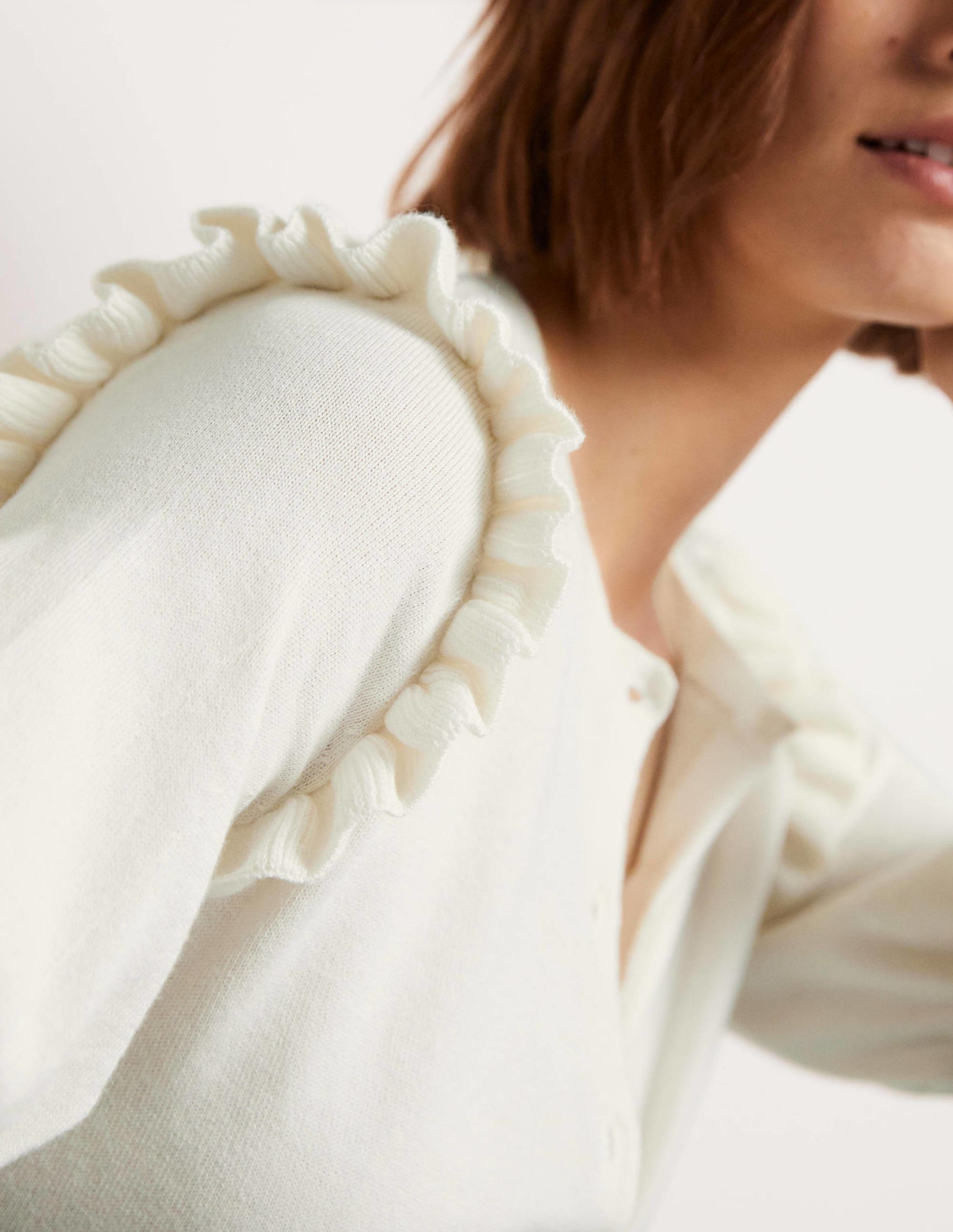 Frill Shoulder Cotton Cardigan-Ivory - Image 2