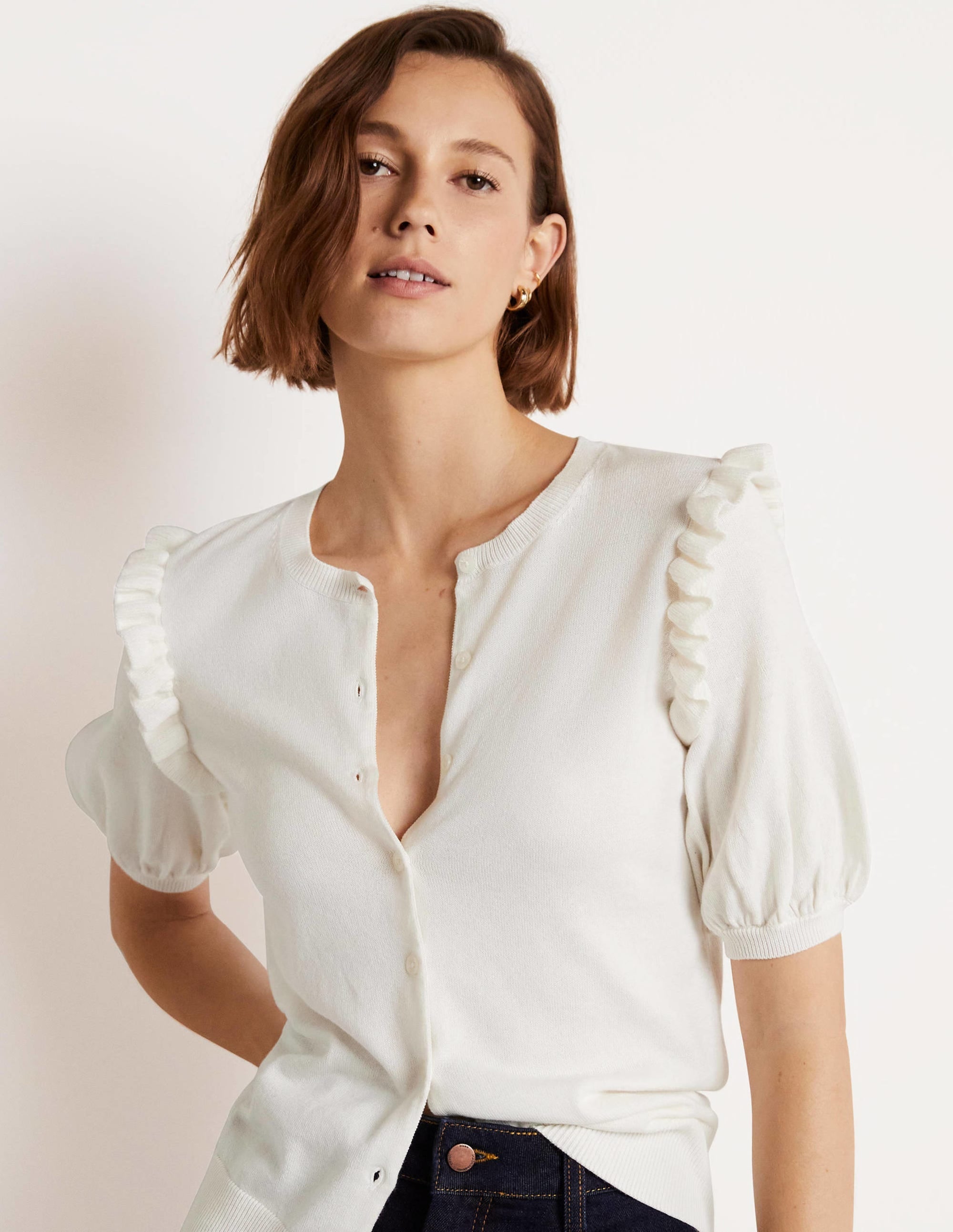 Frill Shoulder Cotton Cardigan-Ivory - Image 4