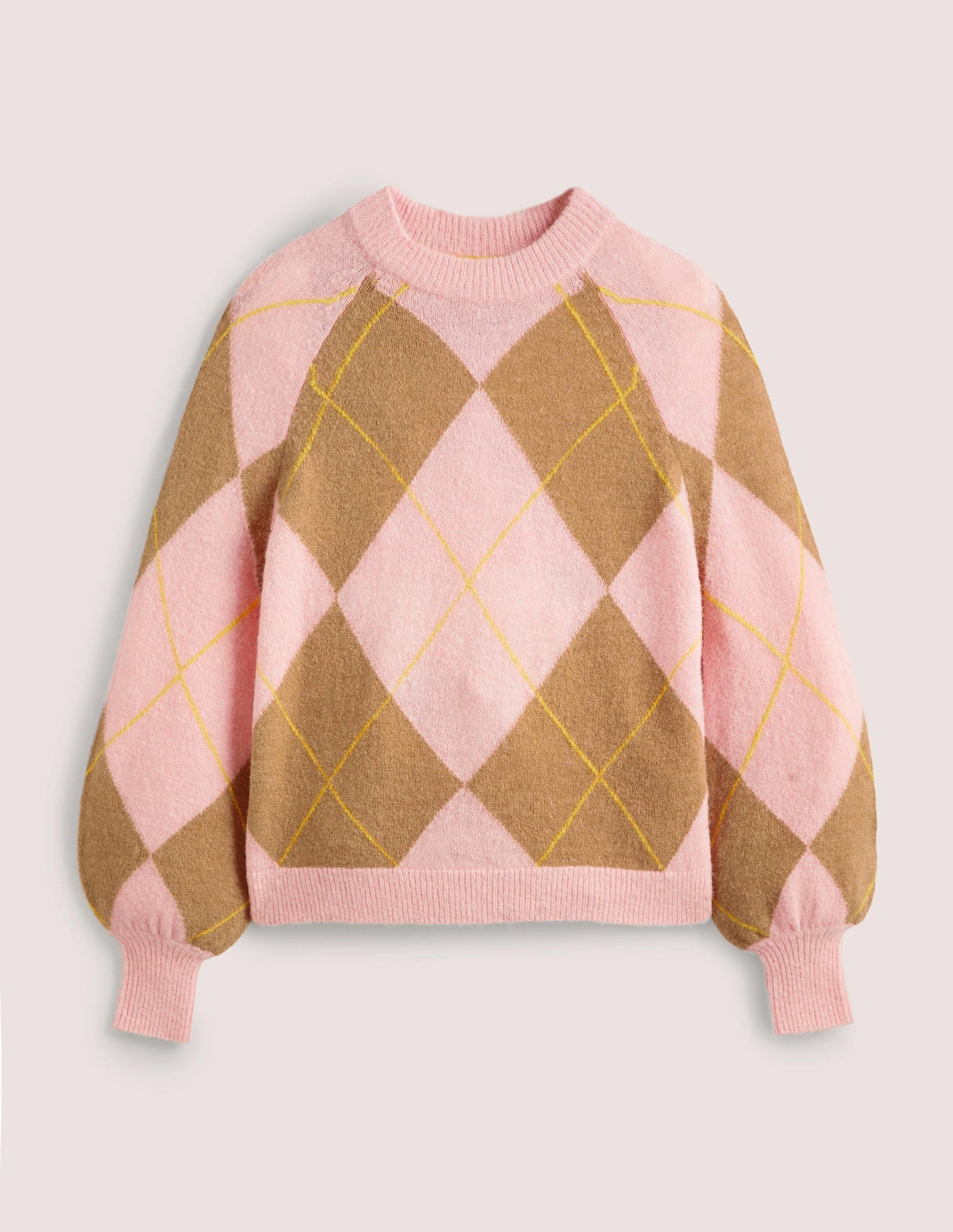 Blouson Sleeve Fluffy Jumper-Camel, Boto Pink Argyle-6