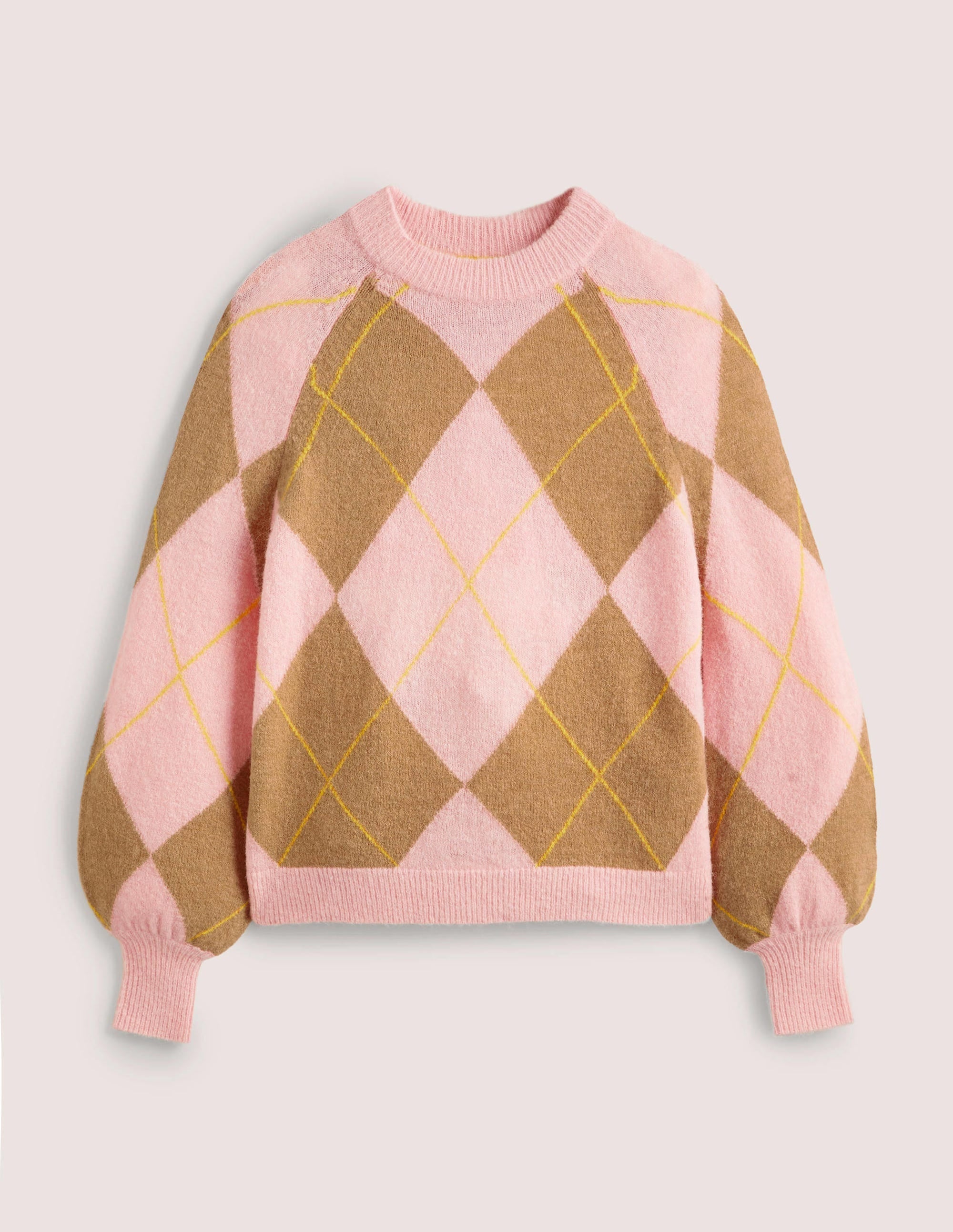 Blouson Sleeve Fluffy Jumper-Camel, Boto Pink Argyle - Image 6