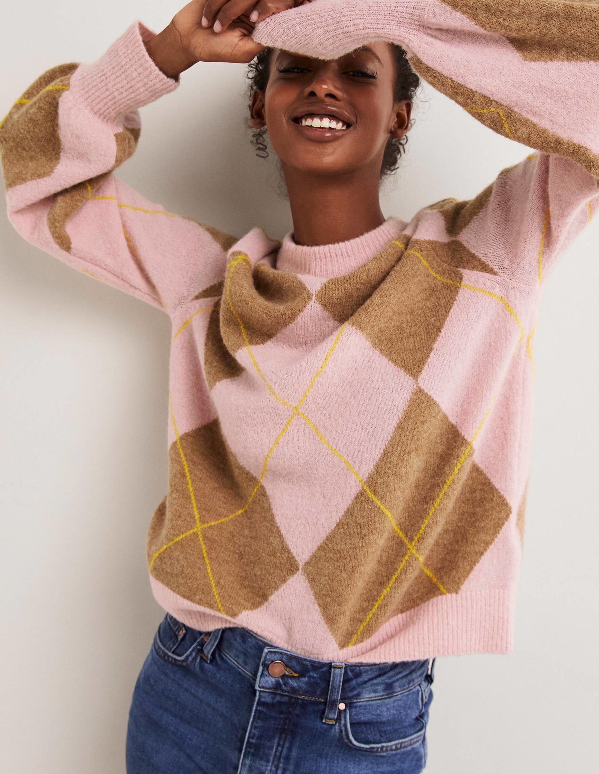Blouson Sleeve Fluffy Jumper-Camel, Boto Pink Argyle-1