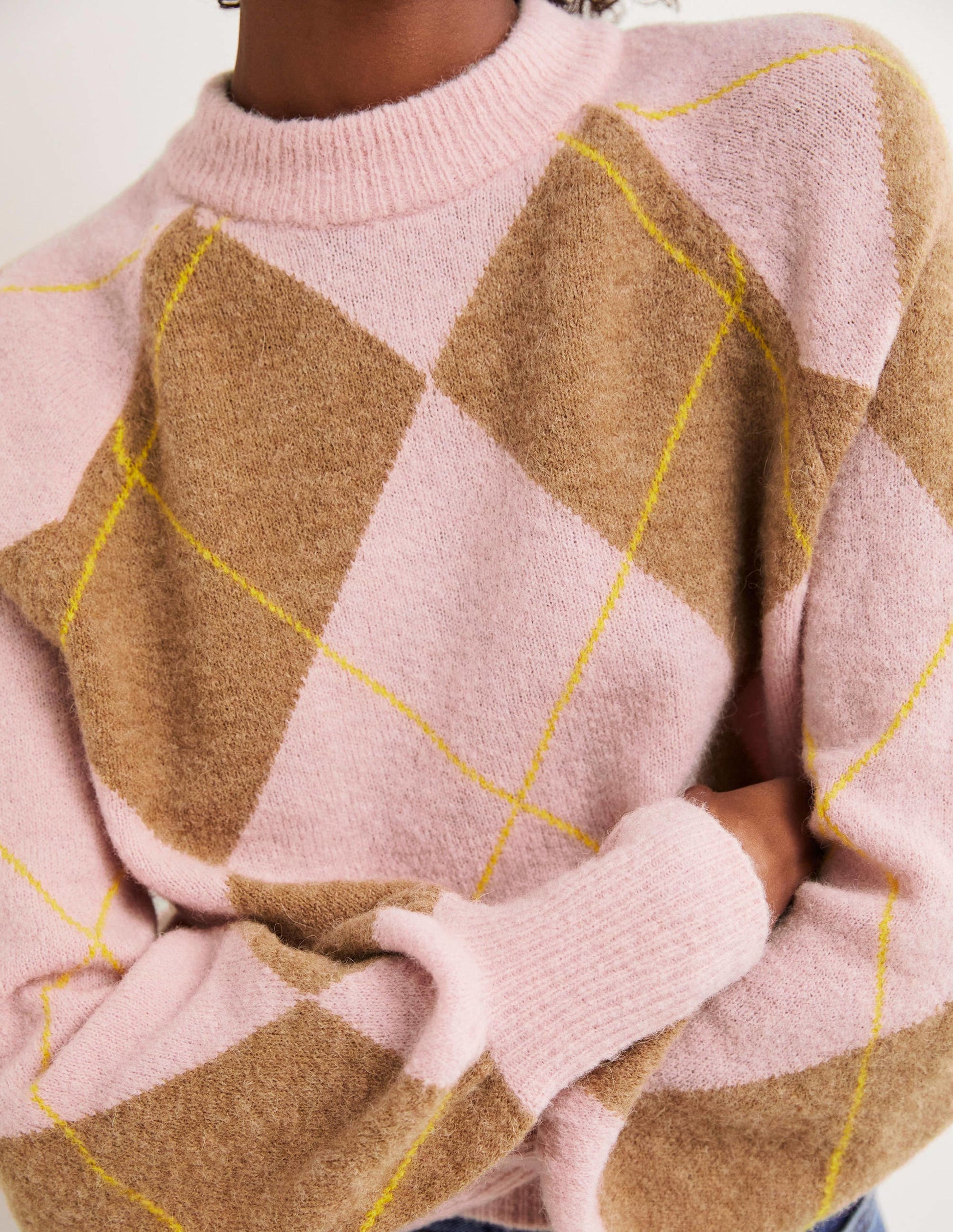 Blouson Sleeve Fluffy Jumper-Camel, Boto Pink Argyle-2