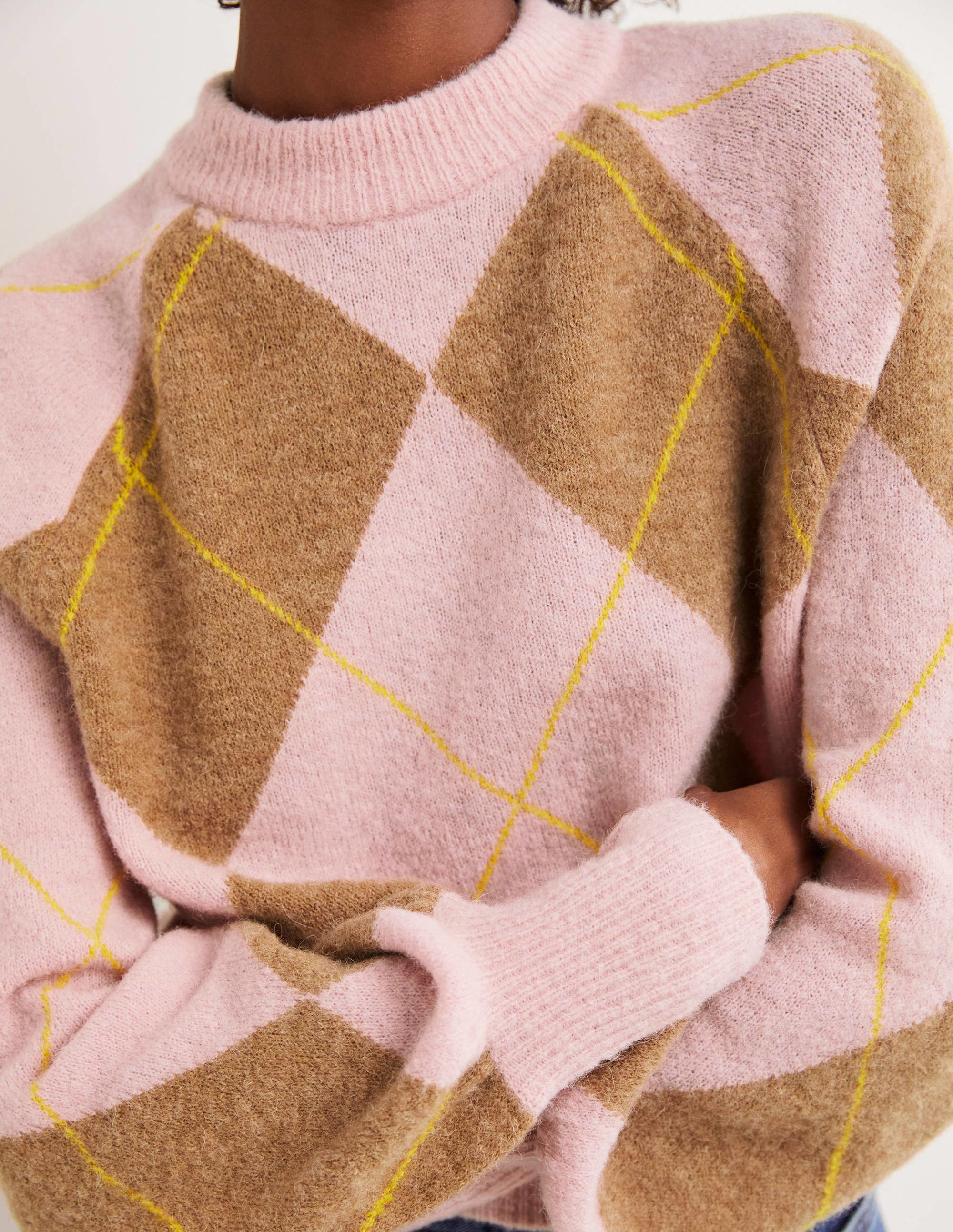 Blouson Sleeve Fluffy Jumper-Camel, Boto Pink Argyle - Image 2