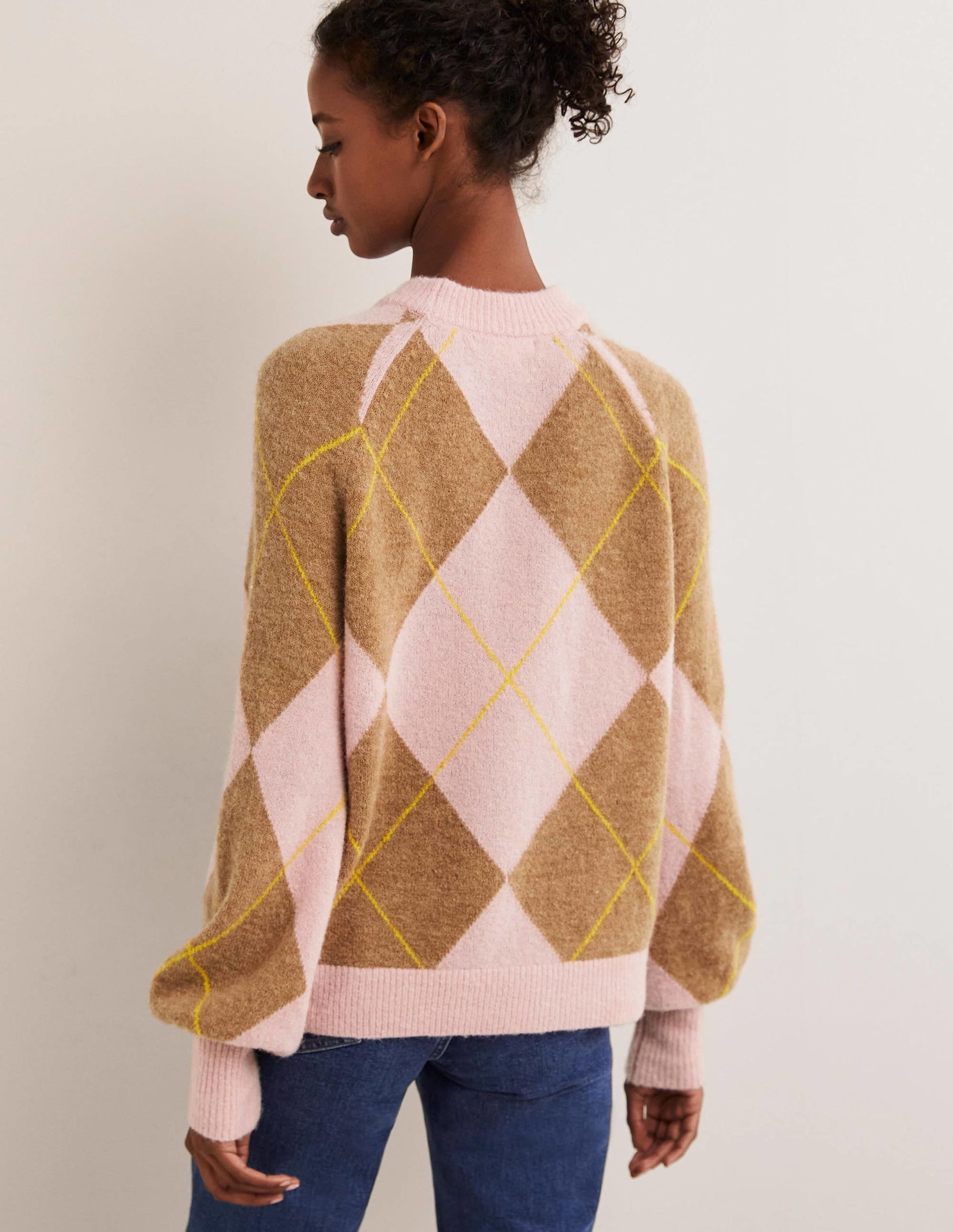Blouson Sleeve Fluffy Jumper-Camel, Boto Pink Argyle-3