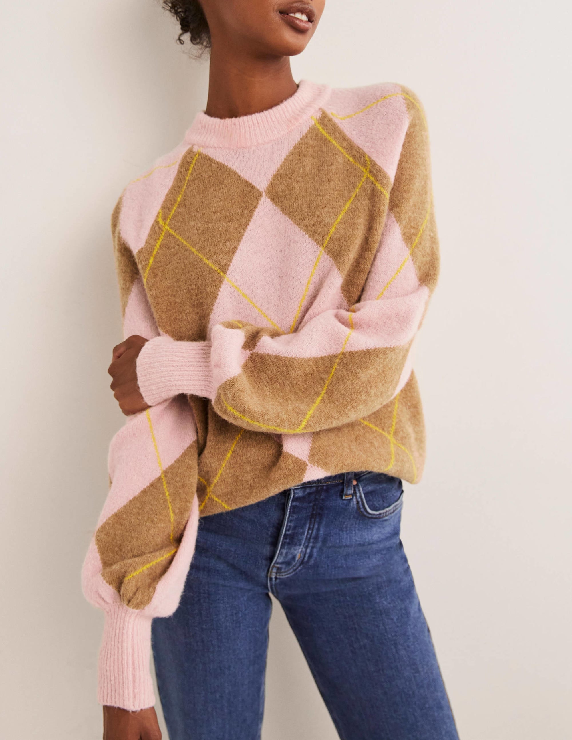 Blouson Sleeve Fluffy Jumper-Camel, Boto Pink Argyle - Image 4