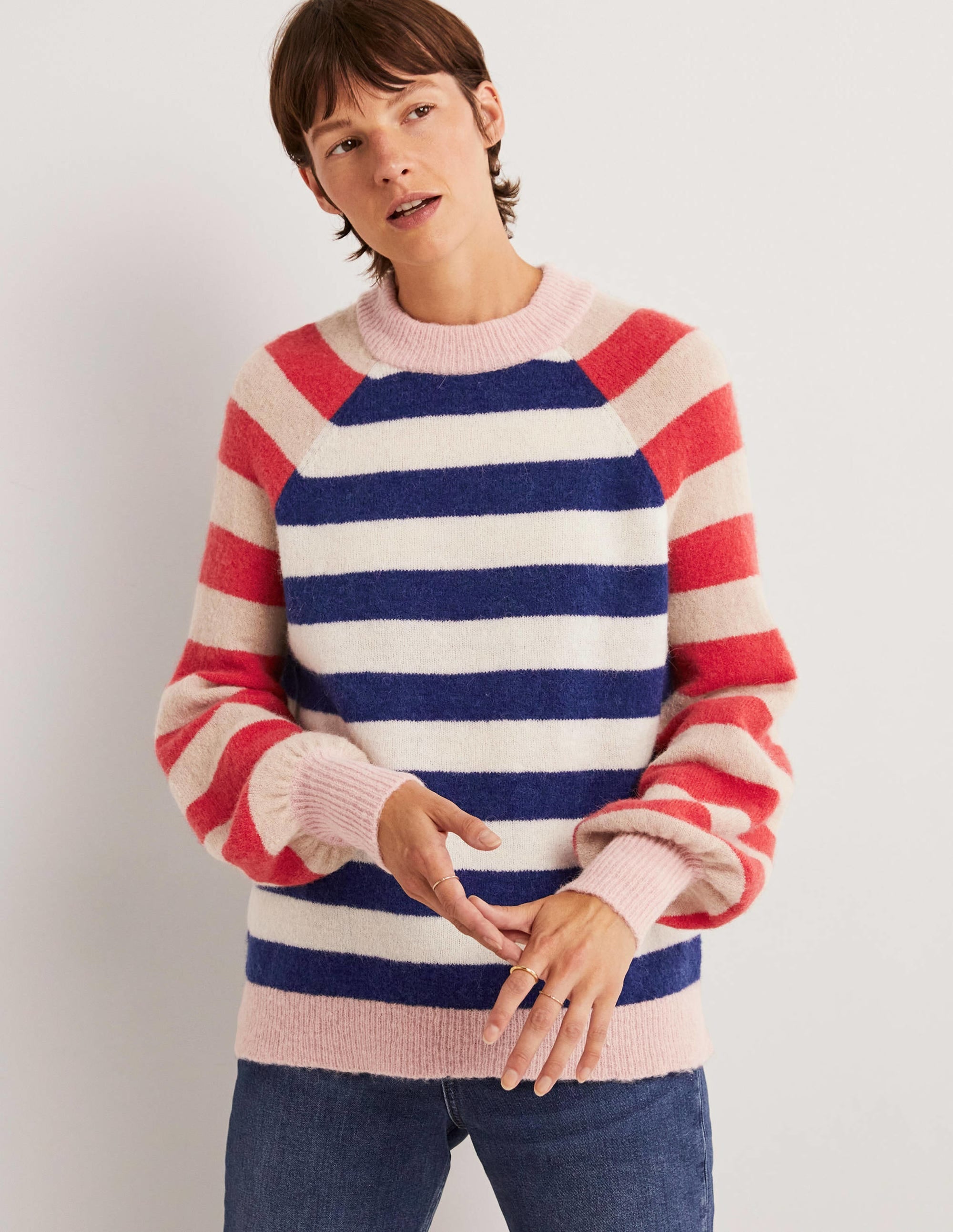 Blouson Sleeve Fluffy Jumper-Starboard, Ivory Mixed Stripe - Image 4