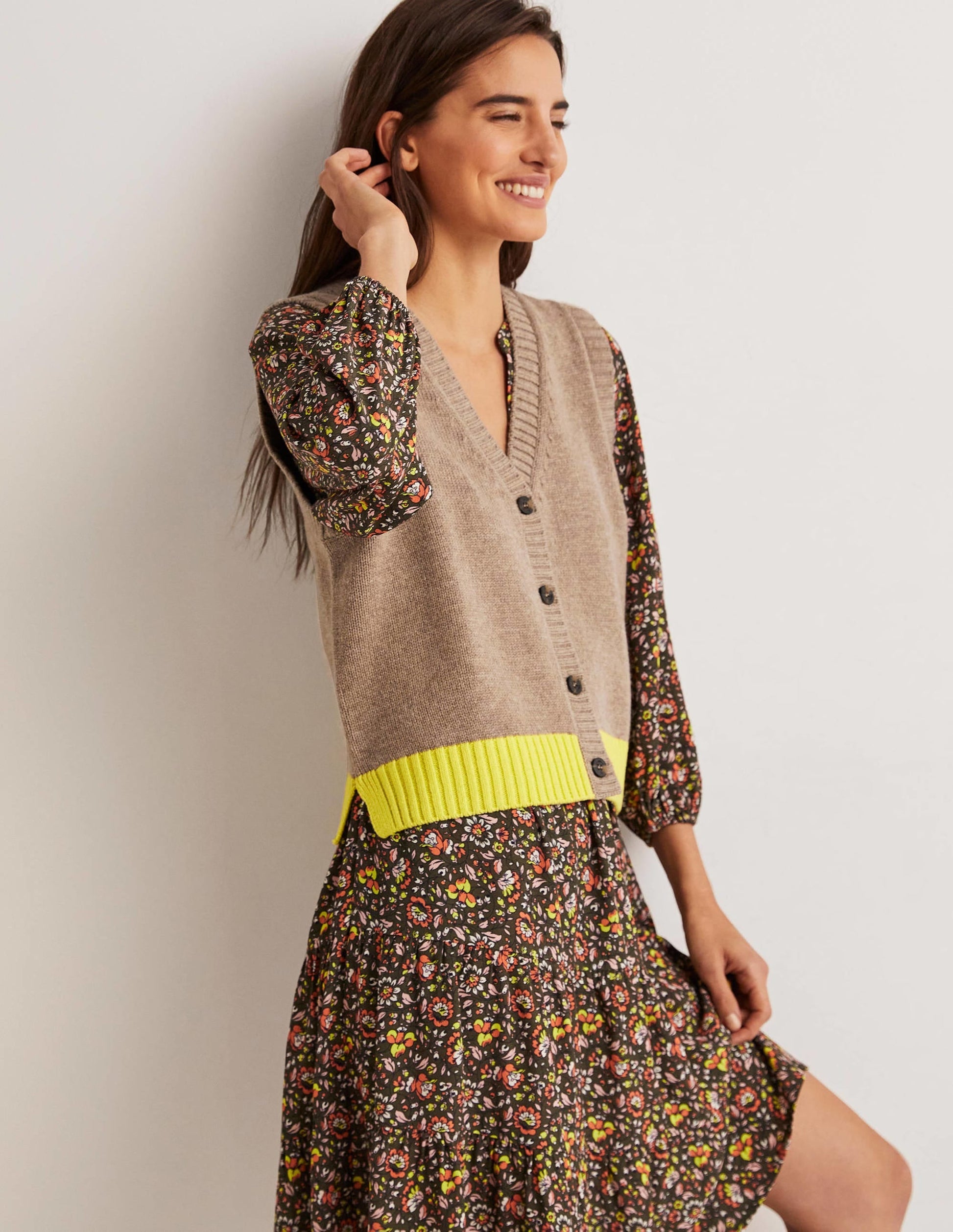 Button Up Knitted Tank Top-Dark Mink Melange, Neon Yellow-1