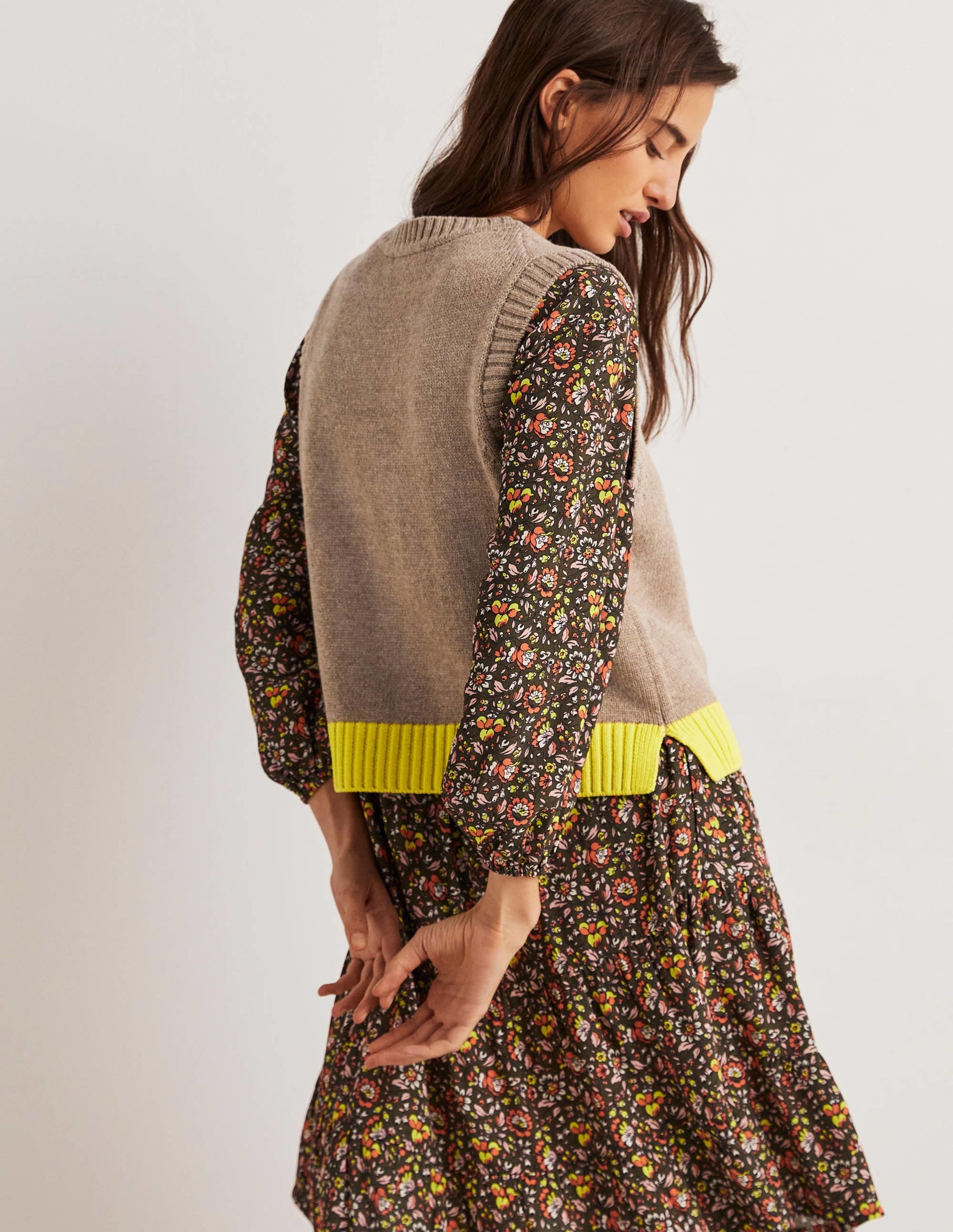 Button Up Knitted Tank Top-Dark Mink Melange, Neon Yellow - Image 2