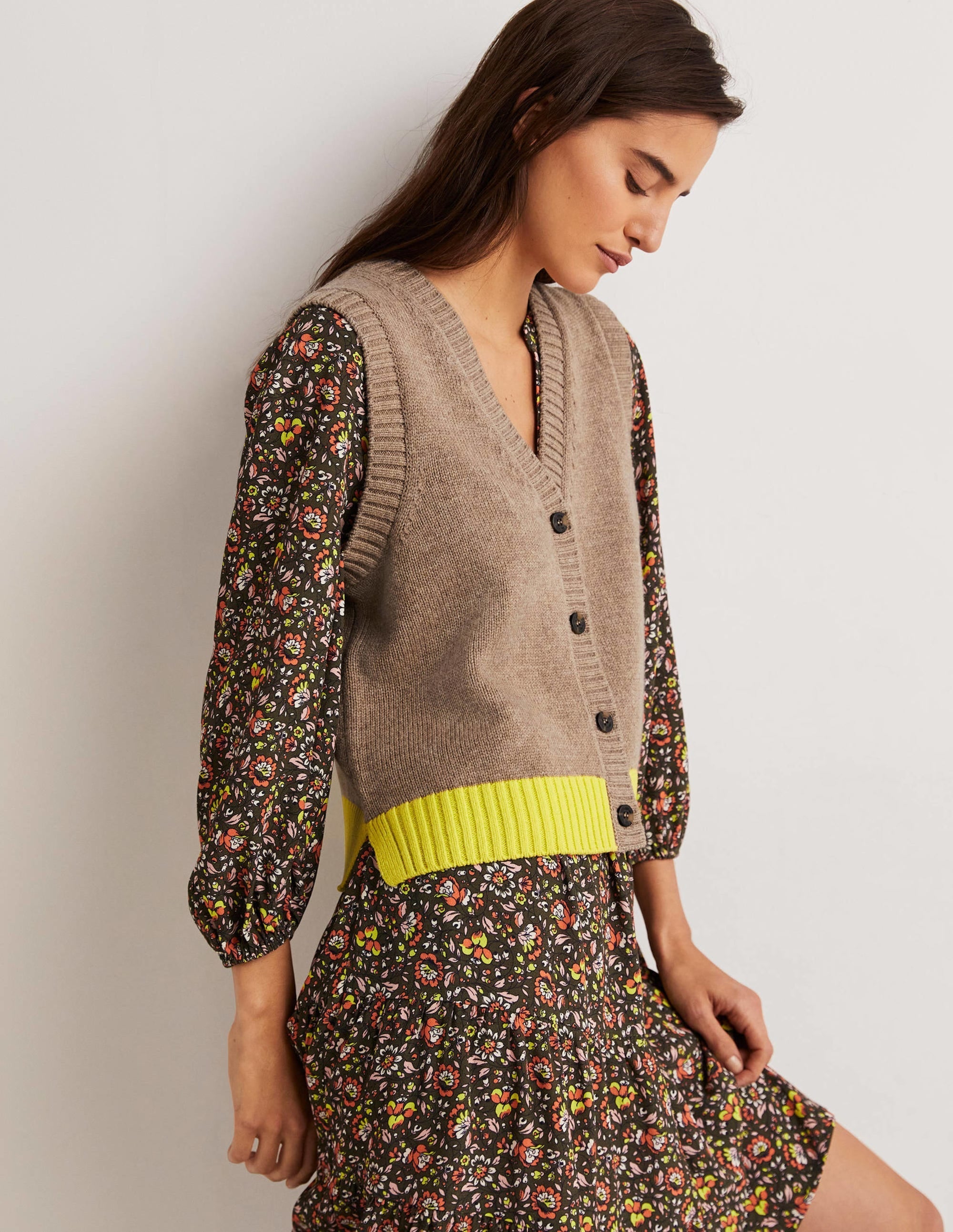 Button Up Knitted Tank Top-Dark Mink Melange, Neon Yellow - Image 3