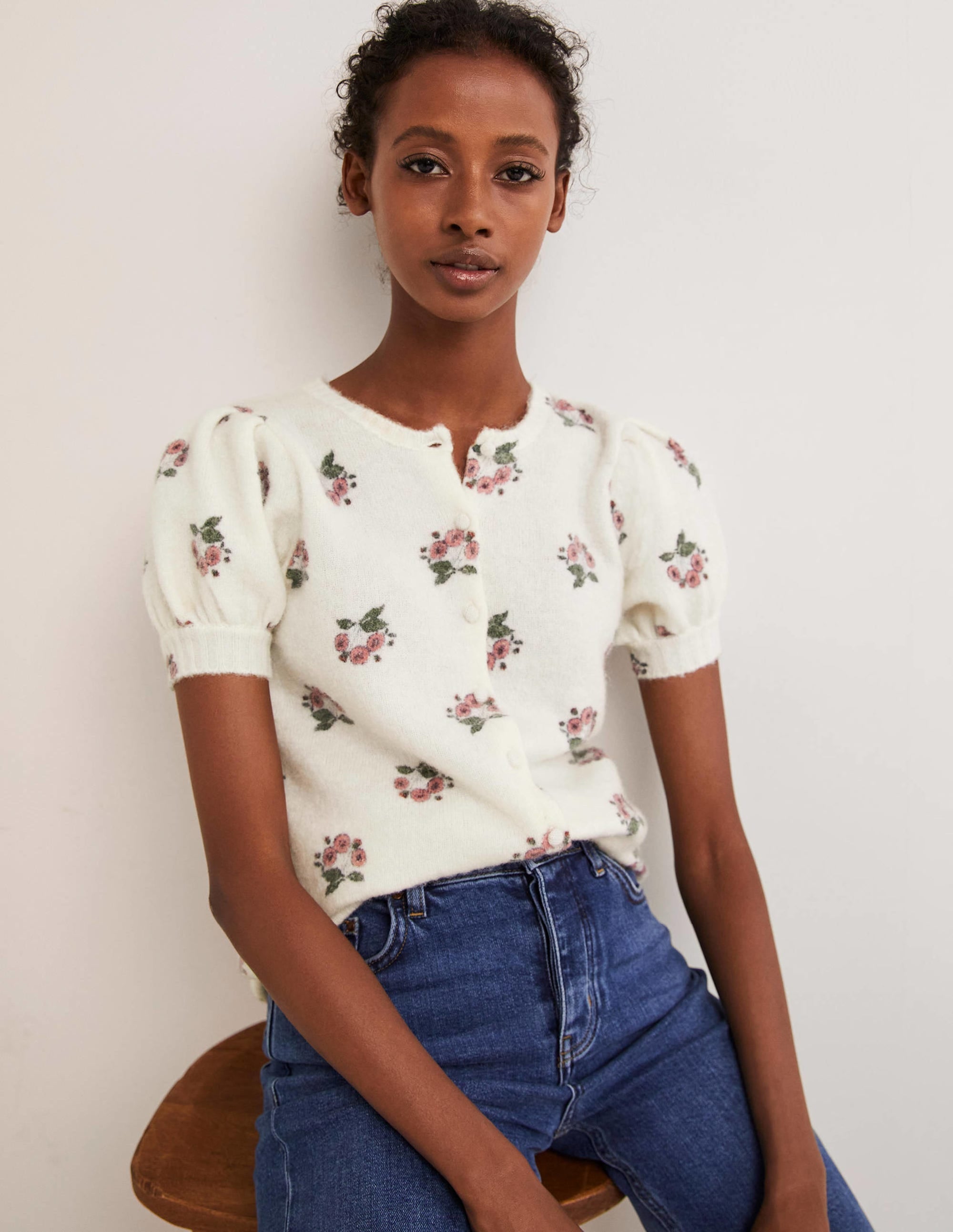 Printed Puff Sleeve Cardigan-Wild Rose, Wild Pansy - Image 1