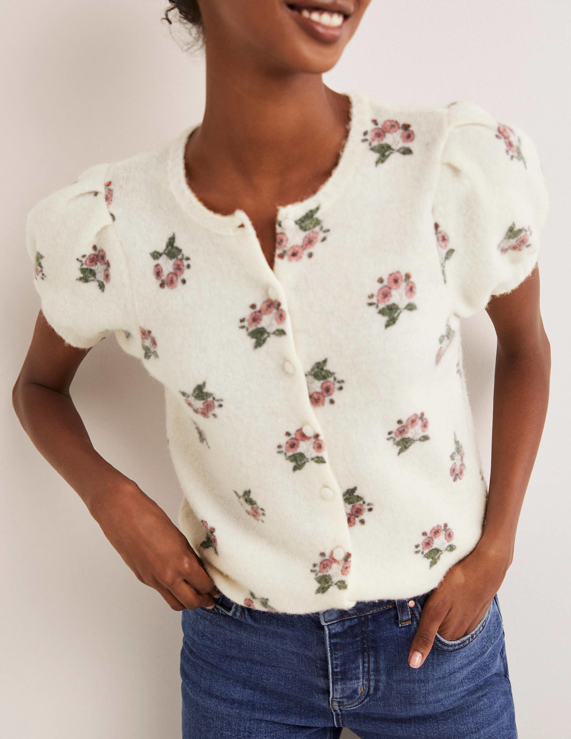 Printed Puff Sleeve Cardigan-Wild Rose, Wild Pansy - Image 4