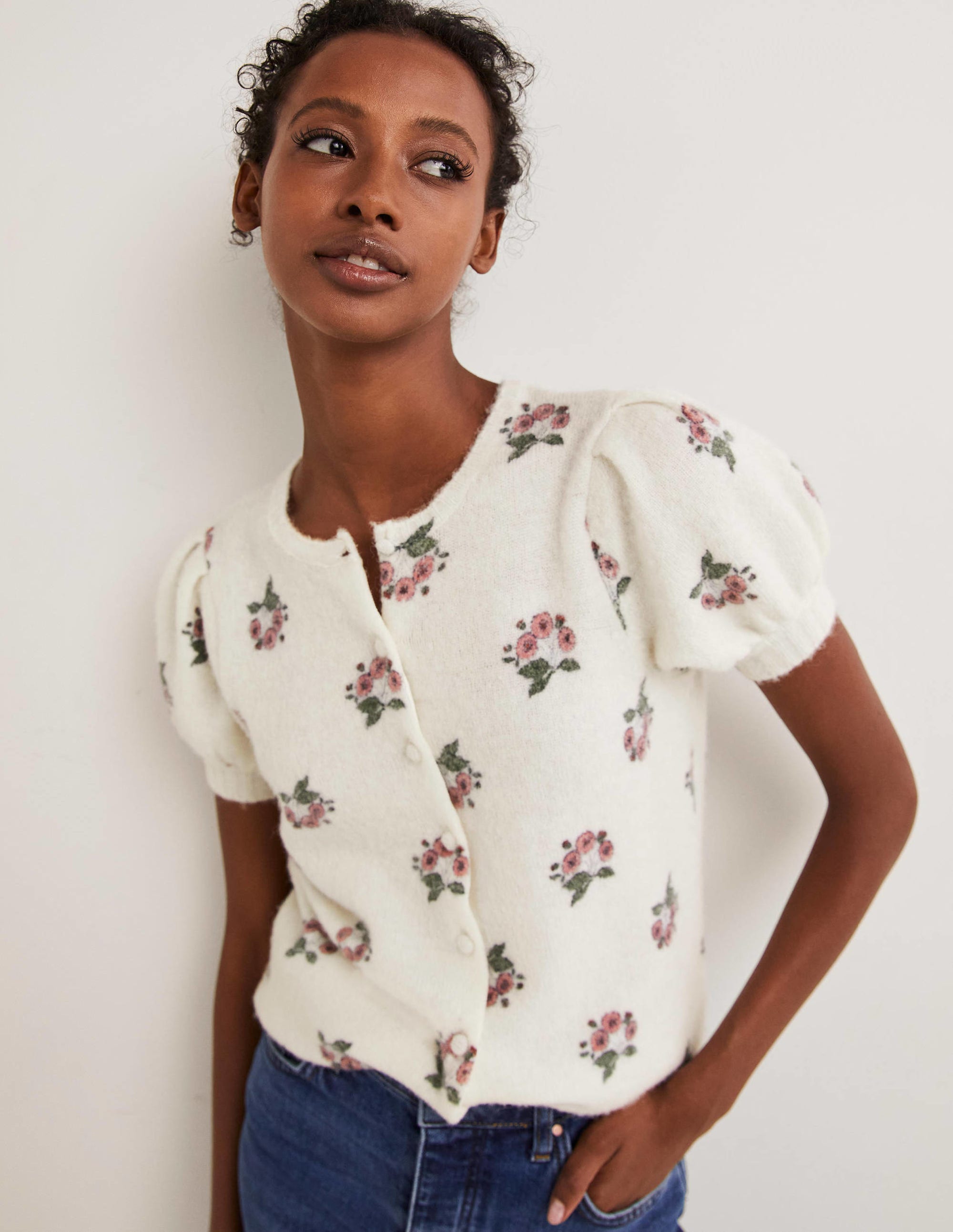 Printed Puff Sleeve Cardigan-Wild Rose, Wild Pansy - Image 5