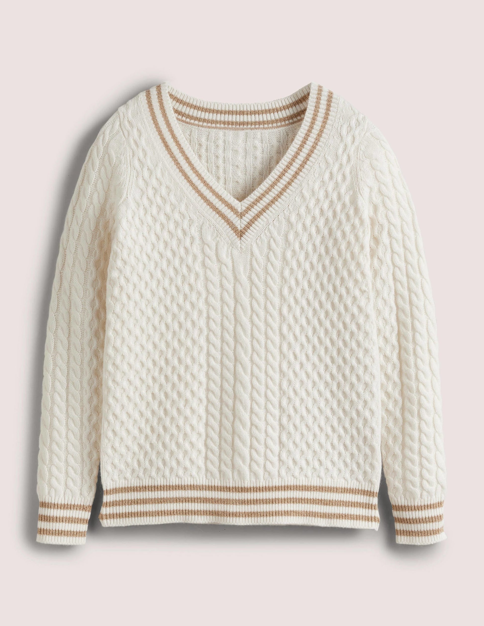 Cable Knit V-neck Jumper-Ivory-7