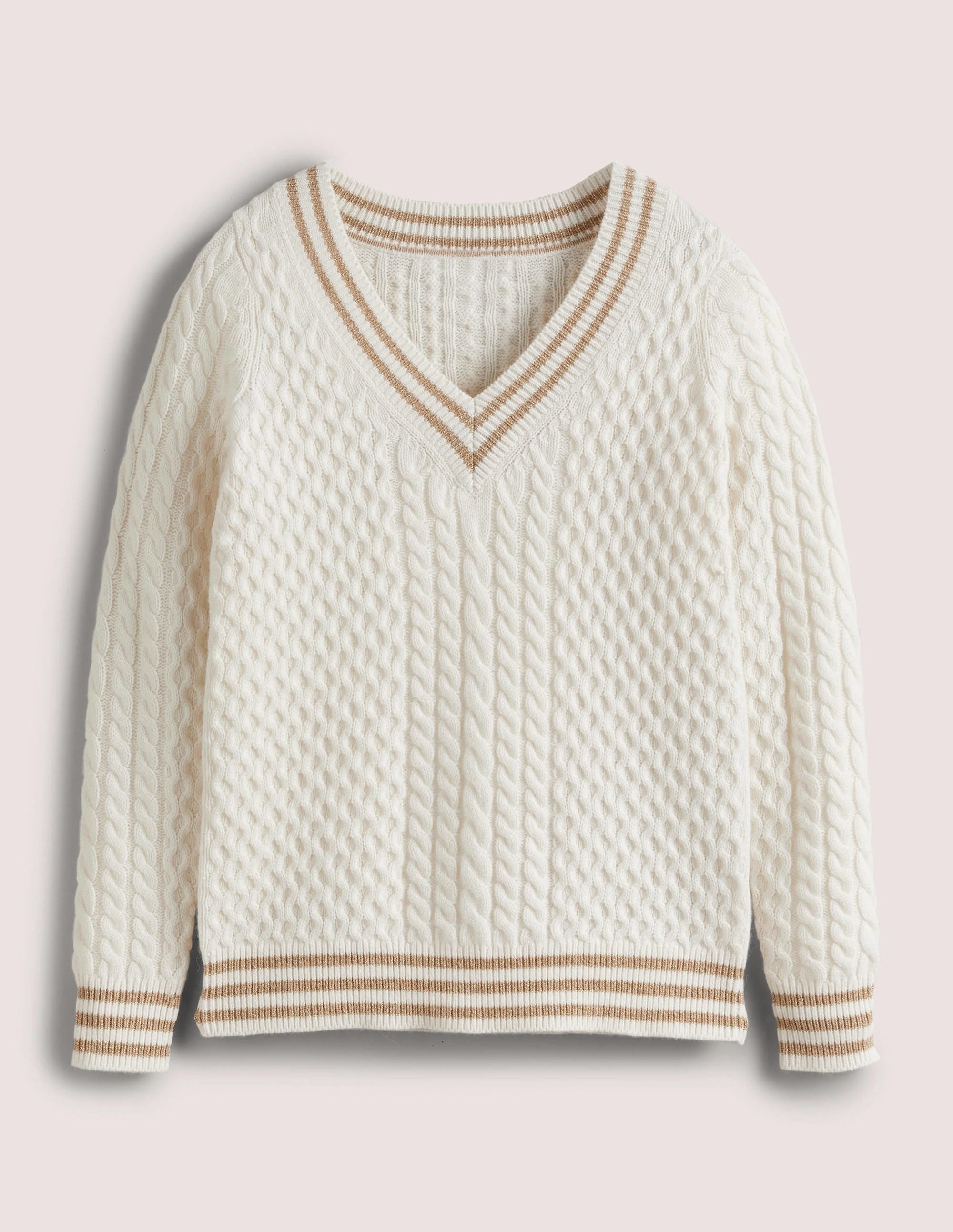 Cable Knit V-neck Jumper-Ivory - Image 7