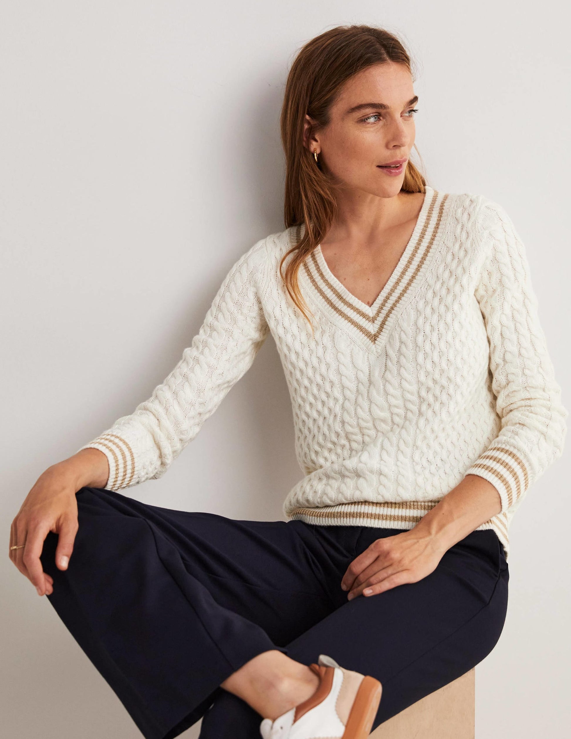Cable Knit V-neck Jumper-Ivory-1