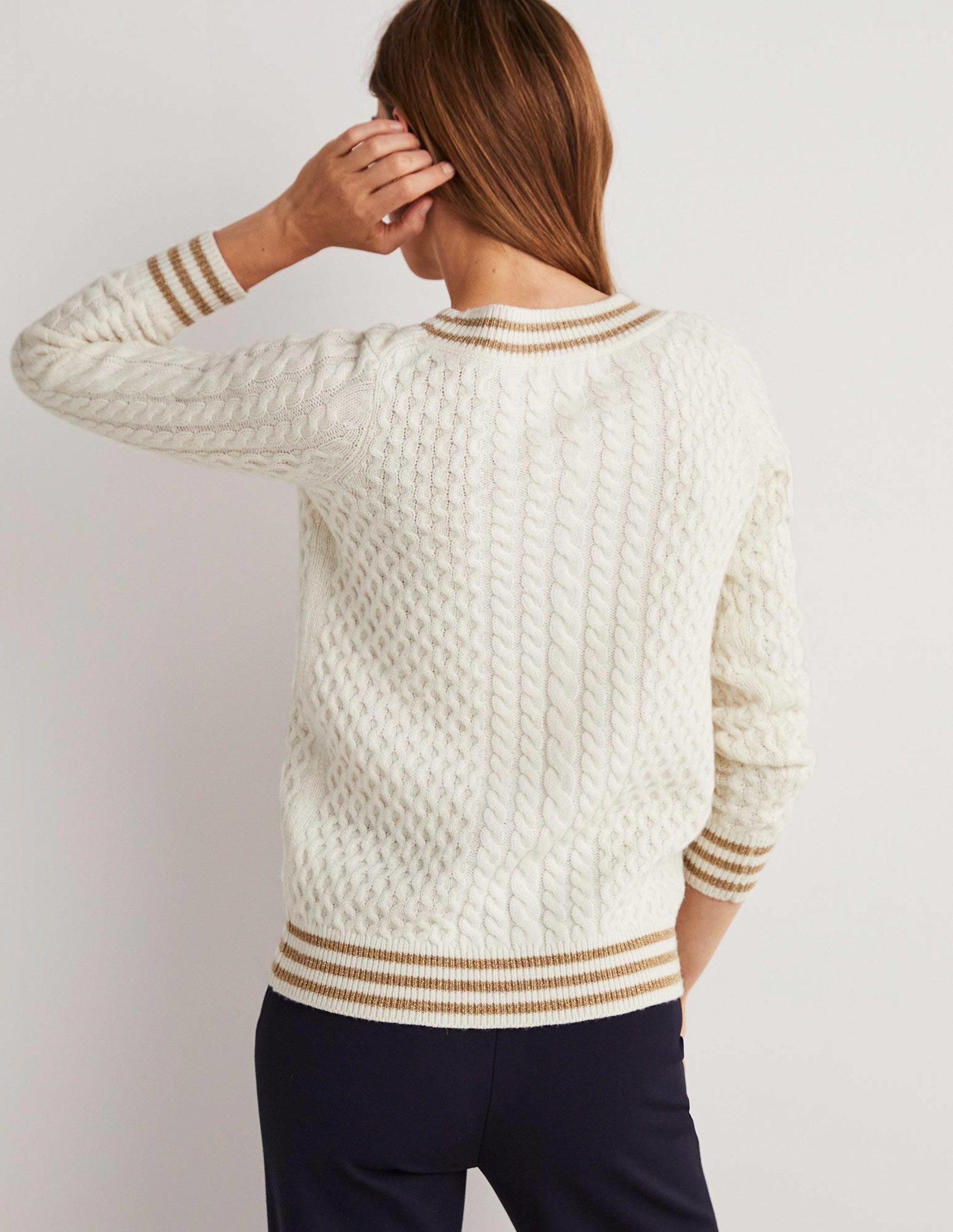 Cable Knit V-neck Jumper-Ivory-3