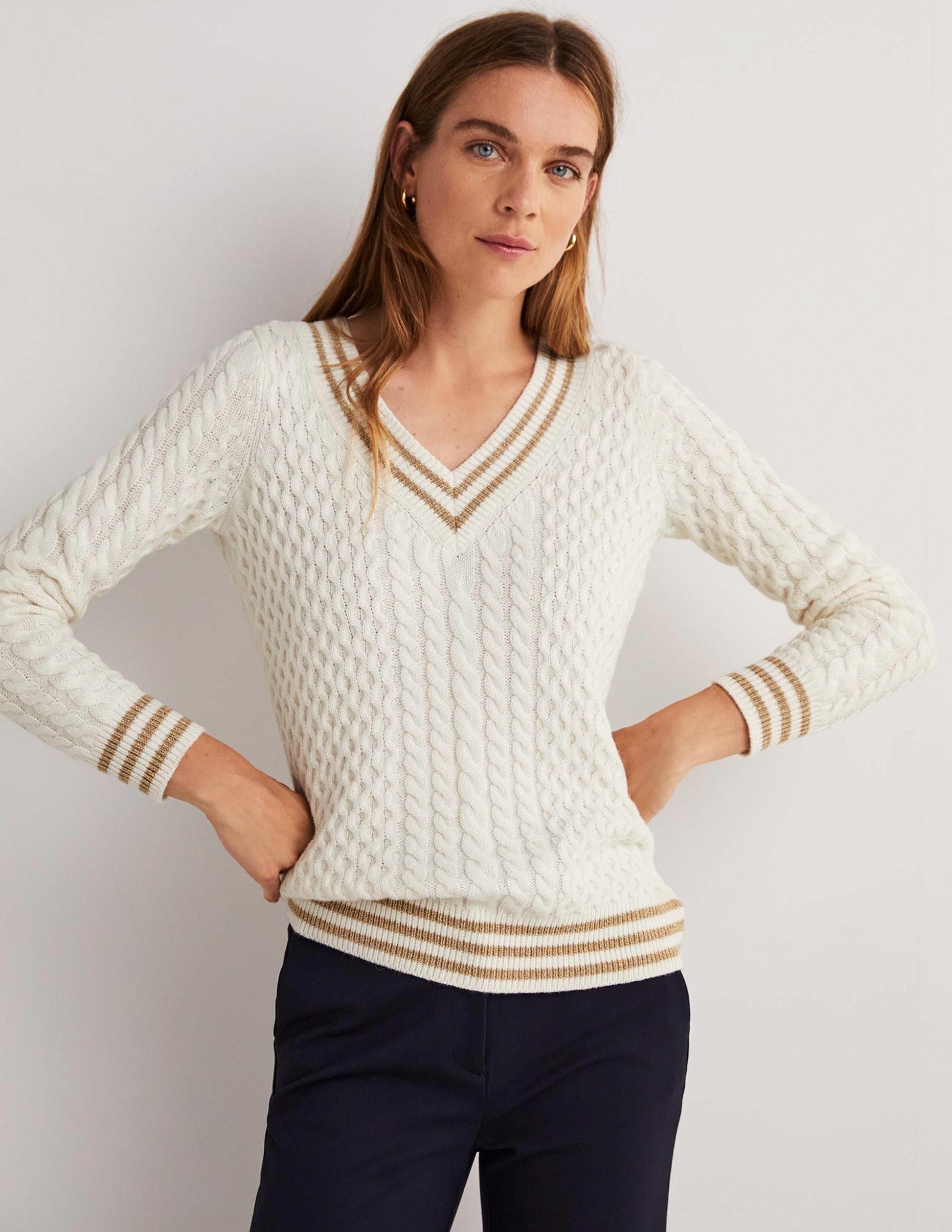 Cable Knit V-neck Jumper-Ivory-4