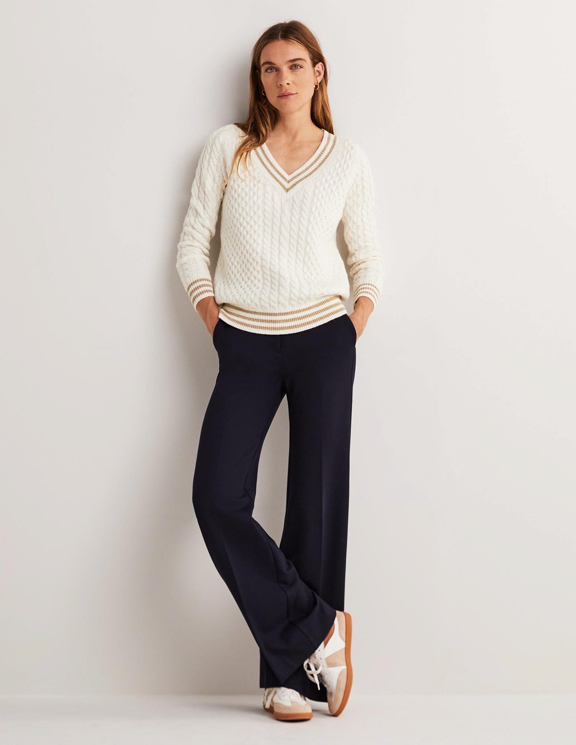Cable Knit V-neck Jumper-Ivory - Image 5