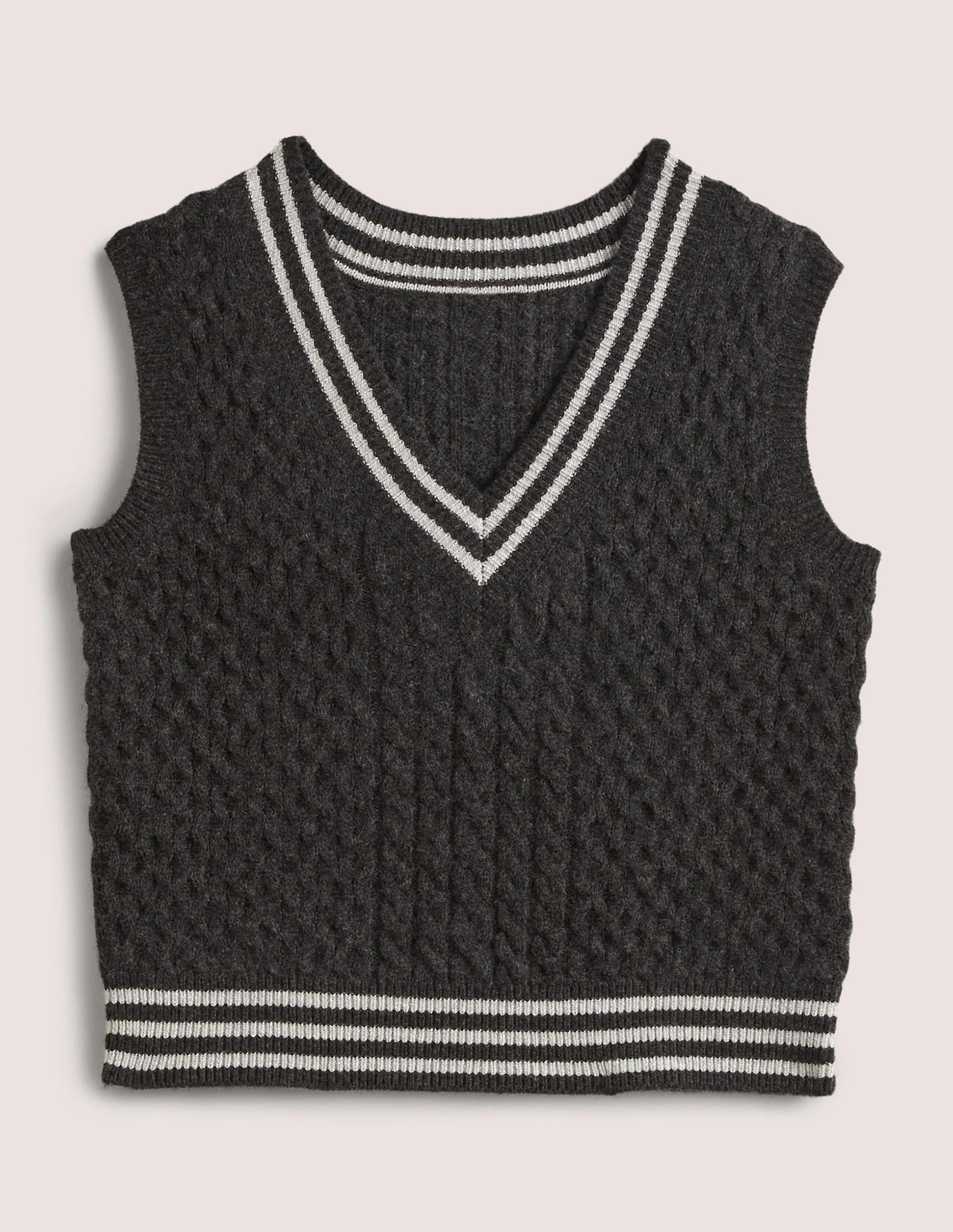 Cable Knit V-neck Tank Top-Charcoal Melange-6