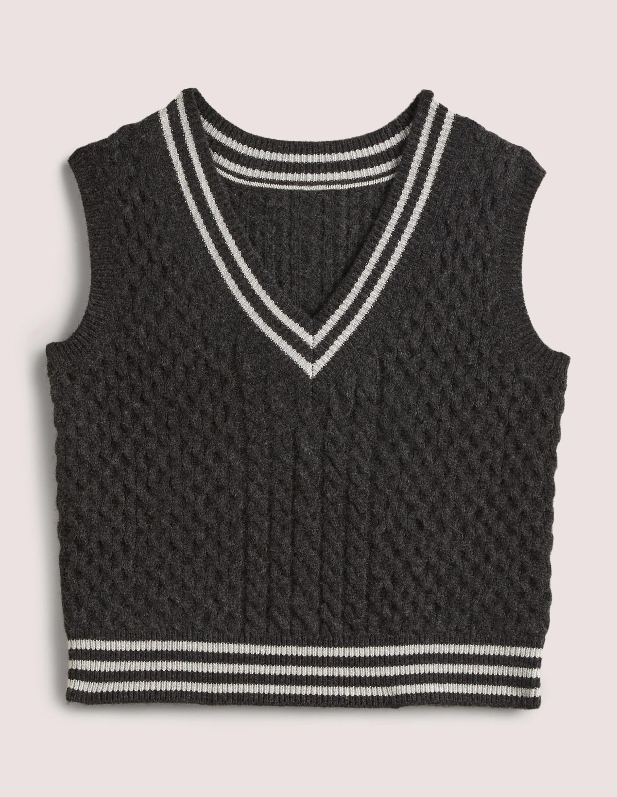 Cable Knit V-neck Tank Top-Charcoal Melange - Image 6