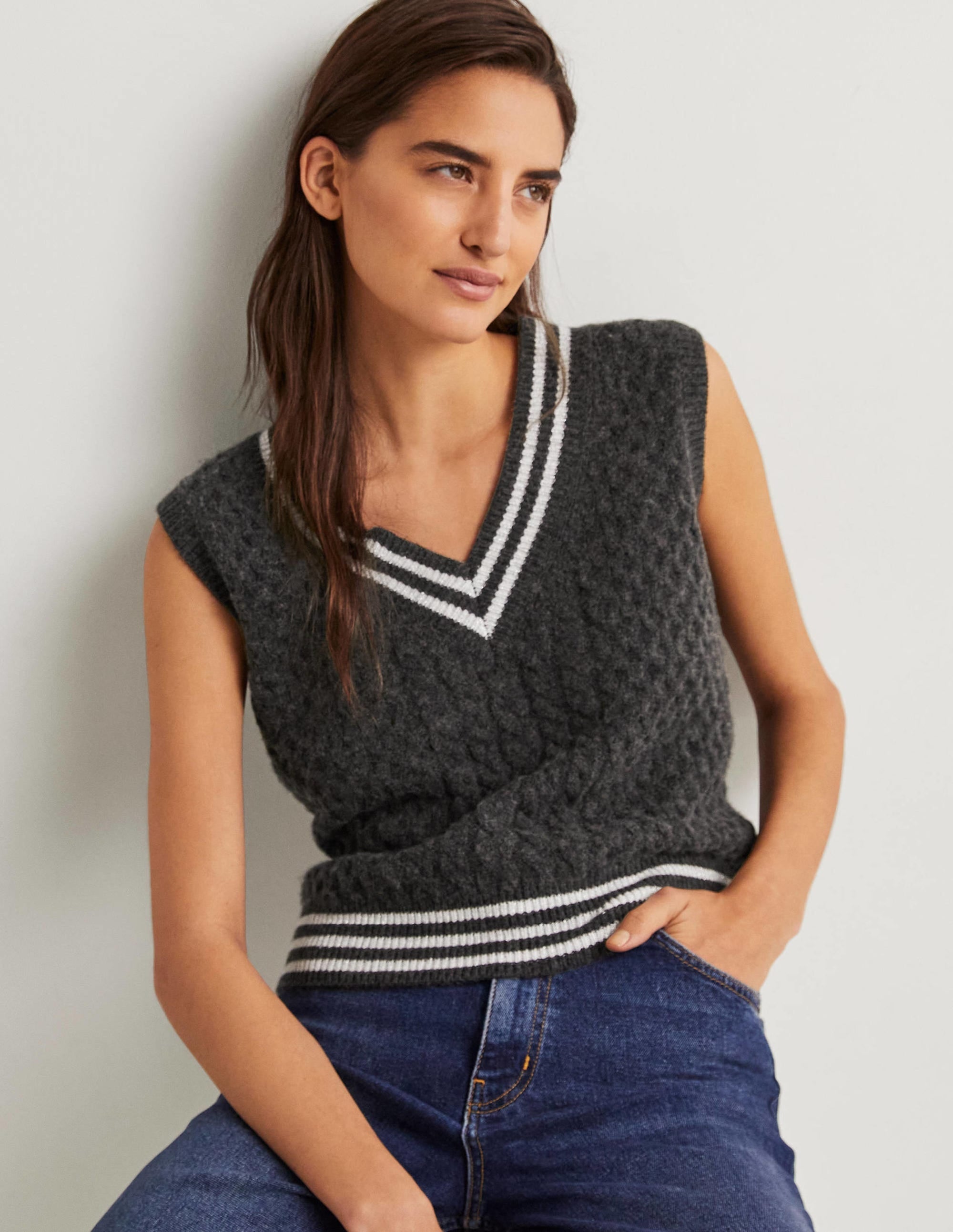 Cable Knit V-neck Tank Top-Charcoal Melange - Image 1