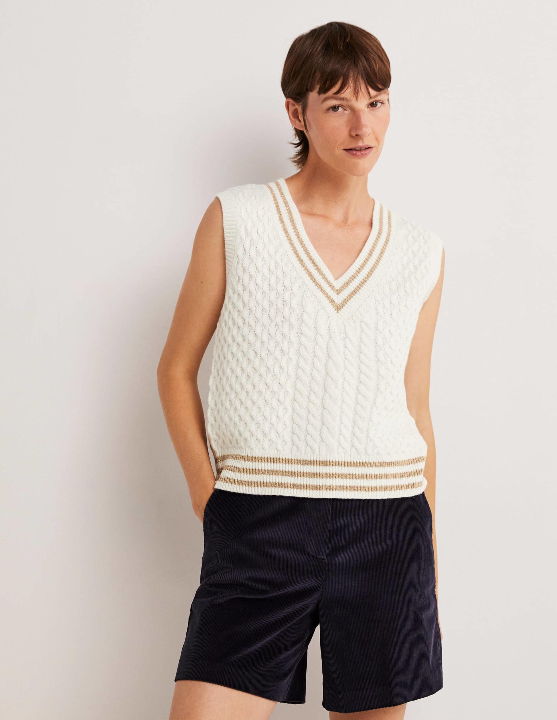 Cable Knit V-neck Tank Top-Ivory-1