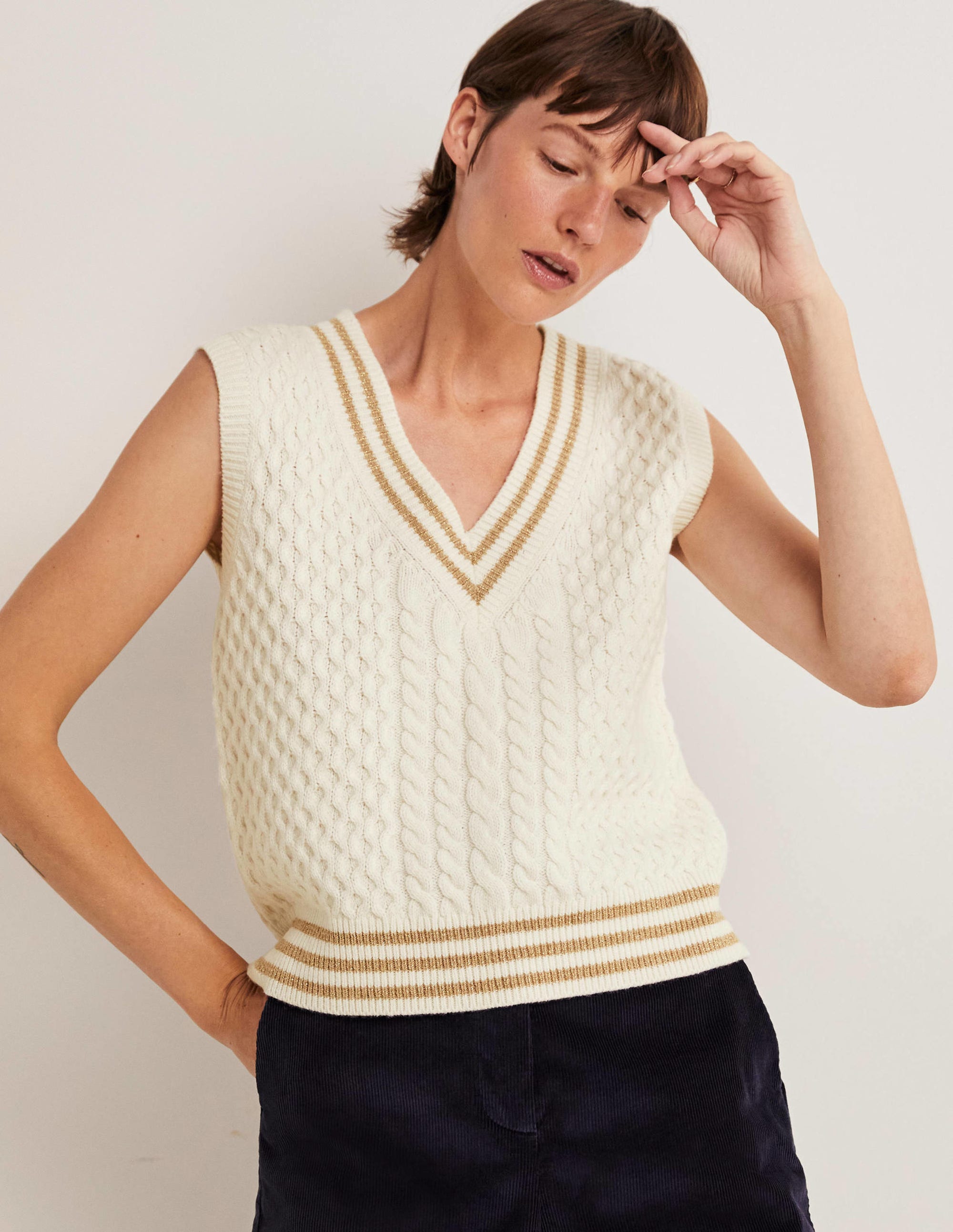 Cable Knit V-neck Tank Top-Ivory - Image 5