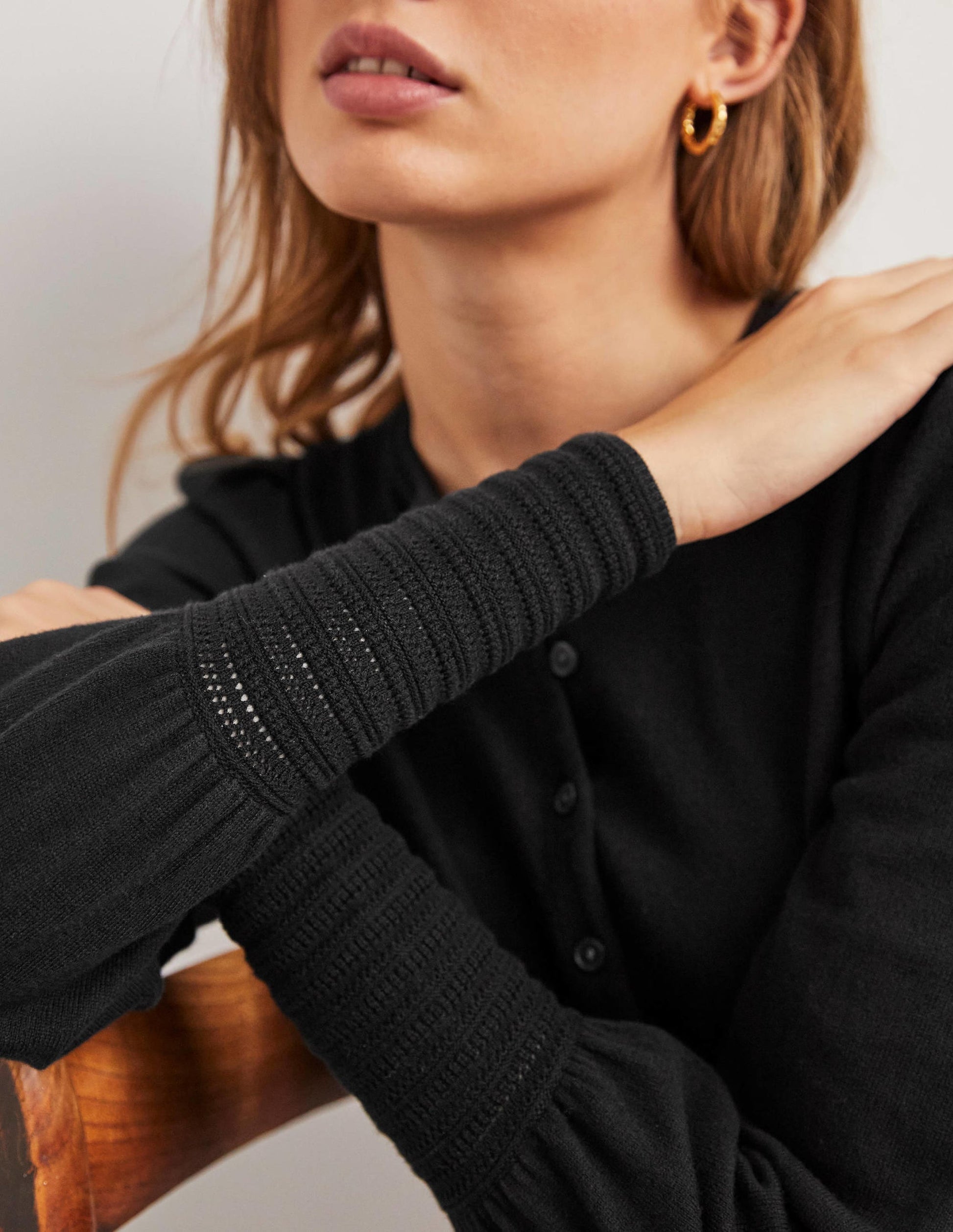 Pointelle Detail Cardigan-Black-2