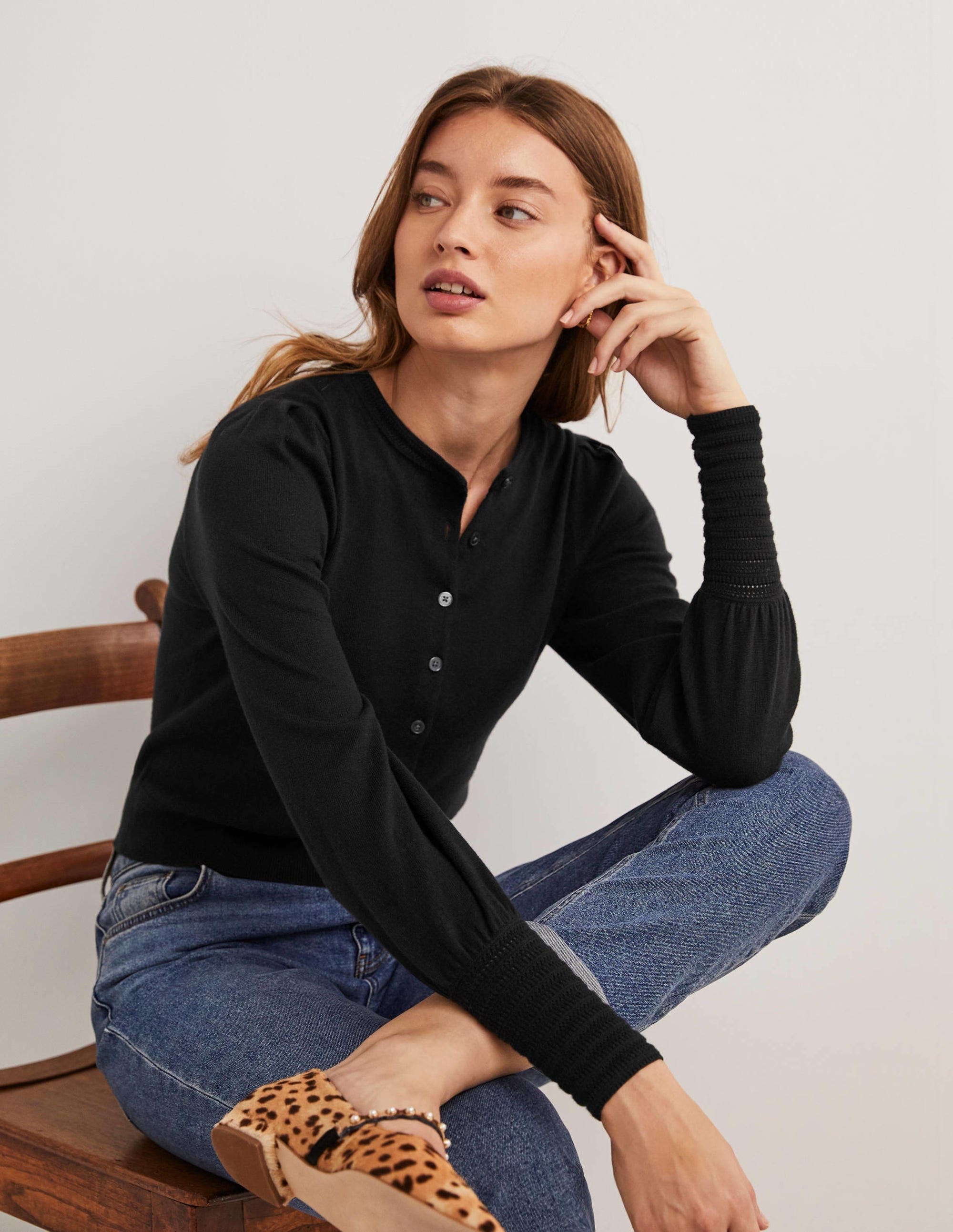 Pointelle Detail Cardigan-Black - Image 5