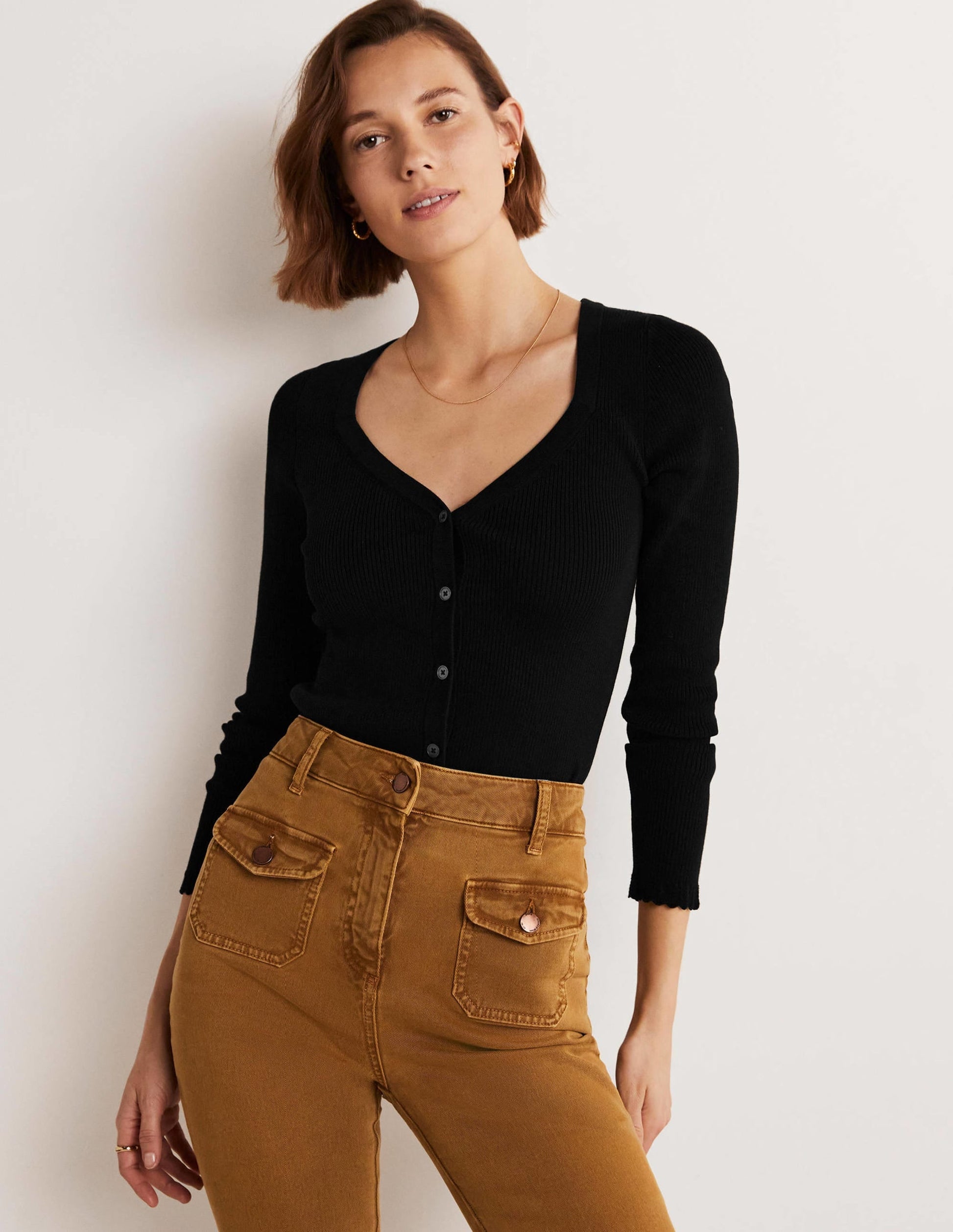 Ribbed Sweetheart Cardigan-Black-1