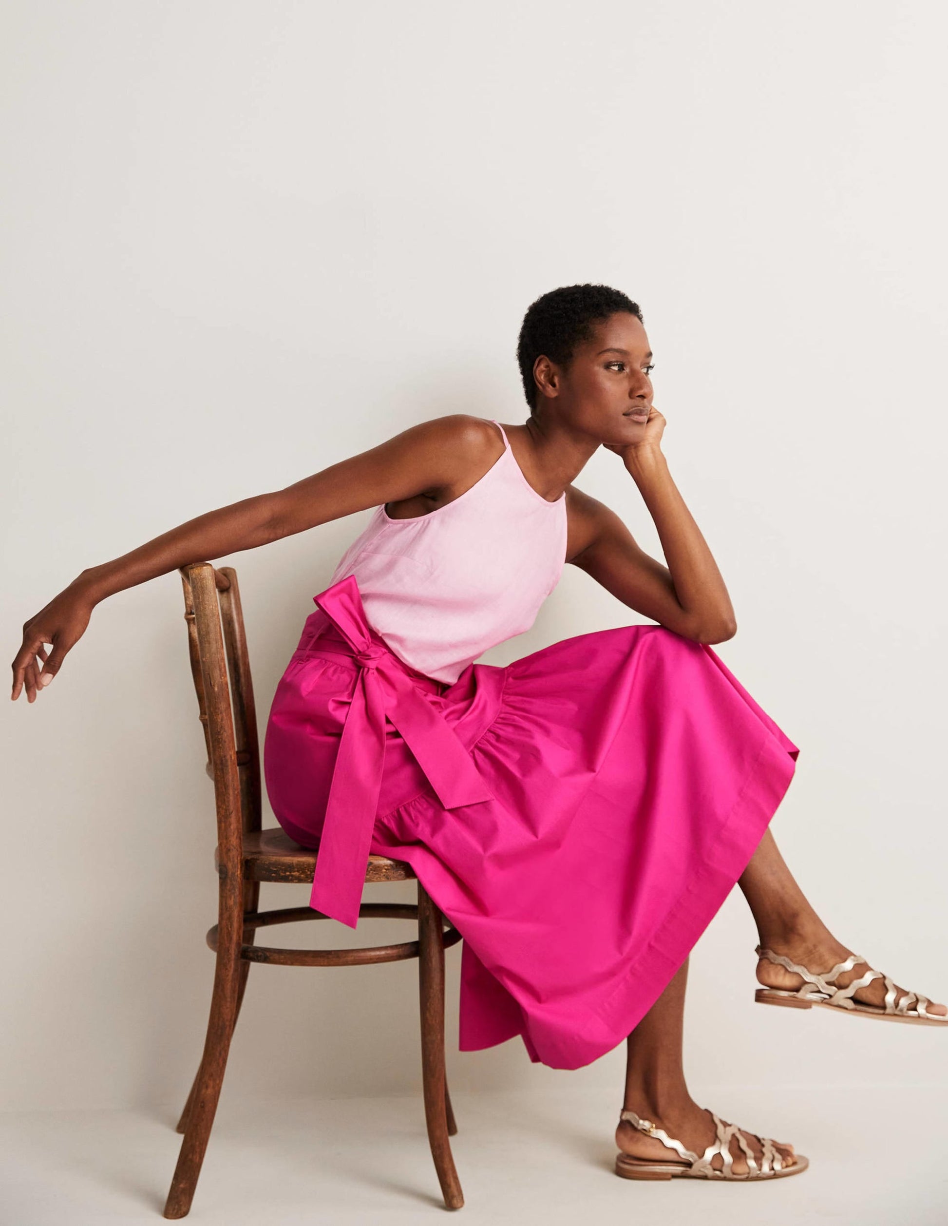 Tiered Belted Midi Skirt-Wild Watermelon Pink-2