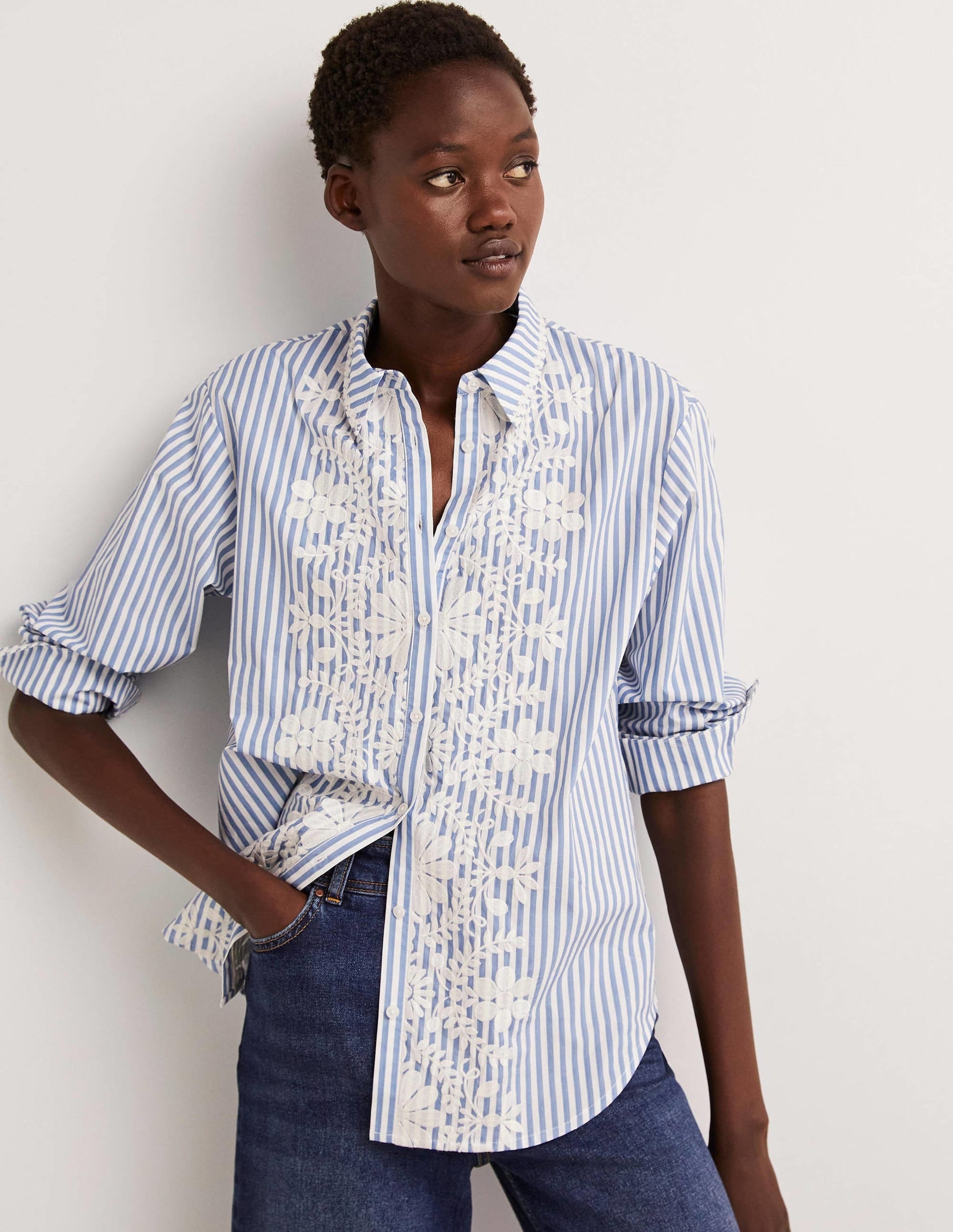 Relaxed Cotton Shirt-Ticking Stripe, Embroidered-1