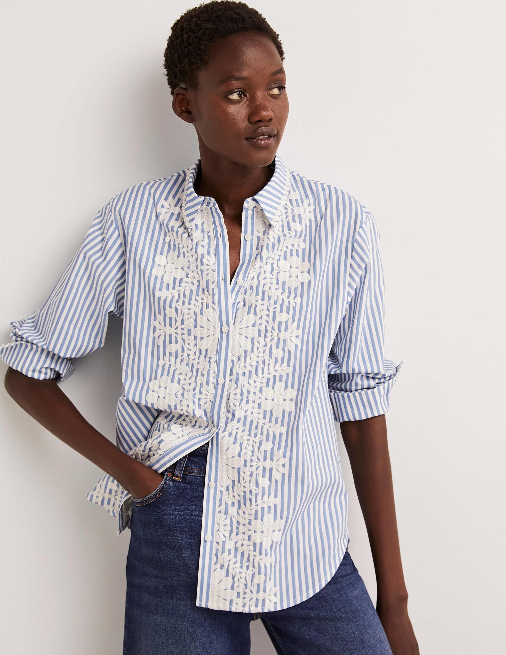 Relaxed Cotton Shirt-Ticking Stripe, Embroidered - Image 1