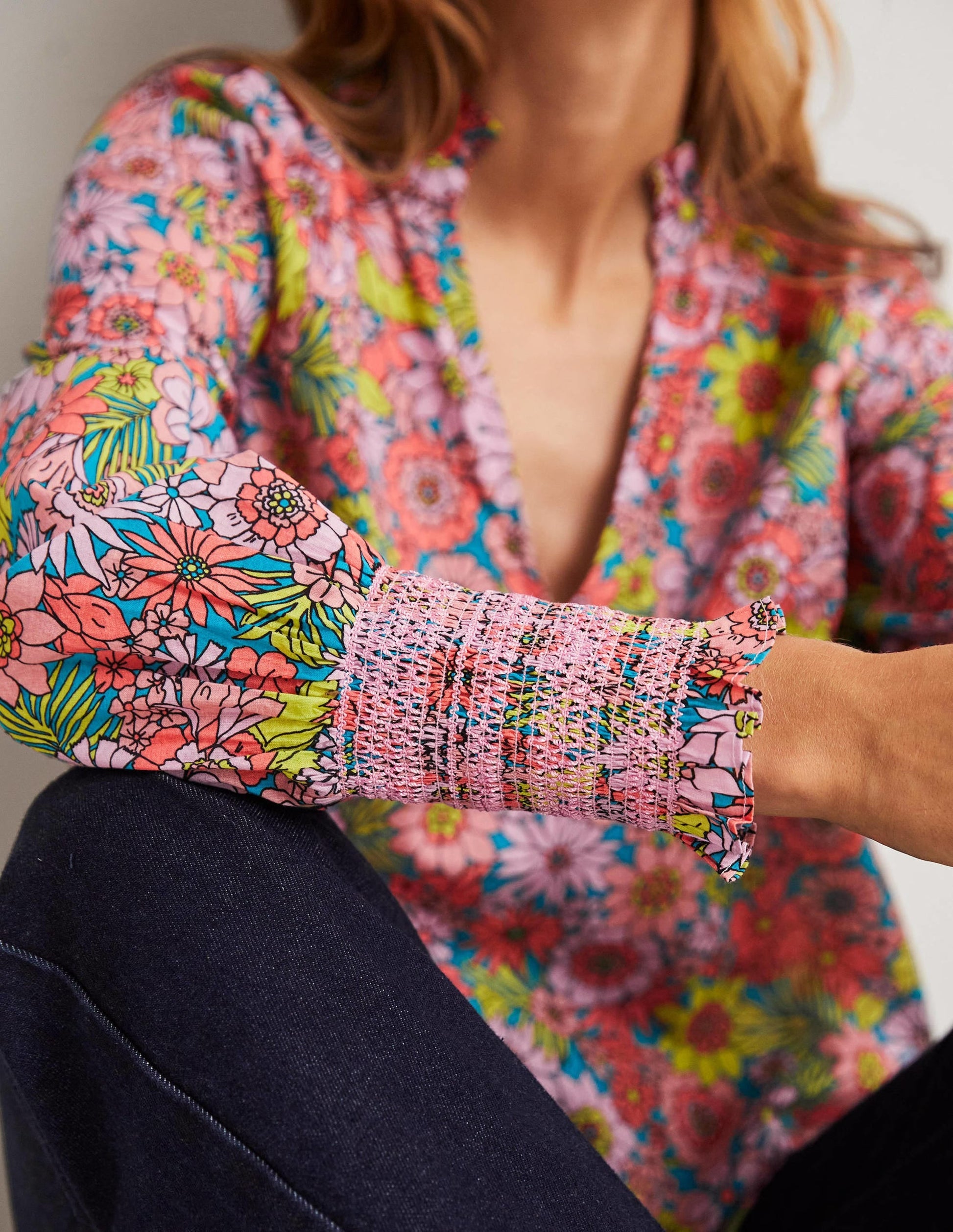 Smocked Cuff Printed Top-Bonbon Pink, Bloom Garden-6