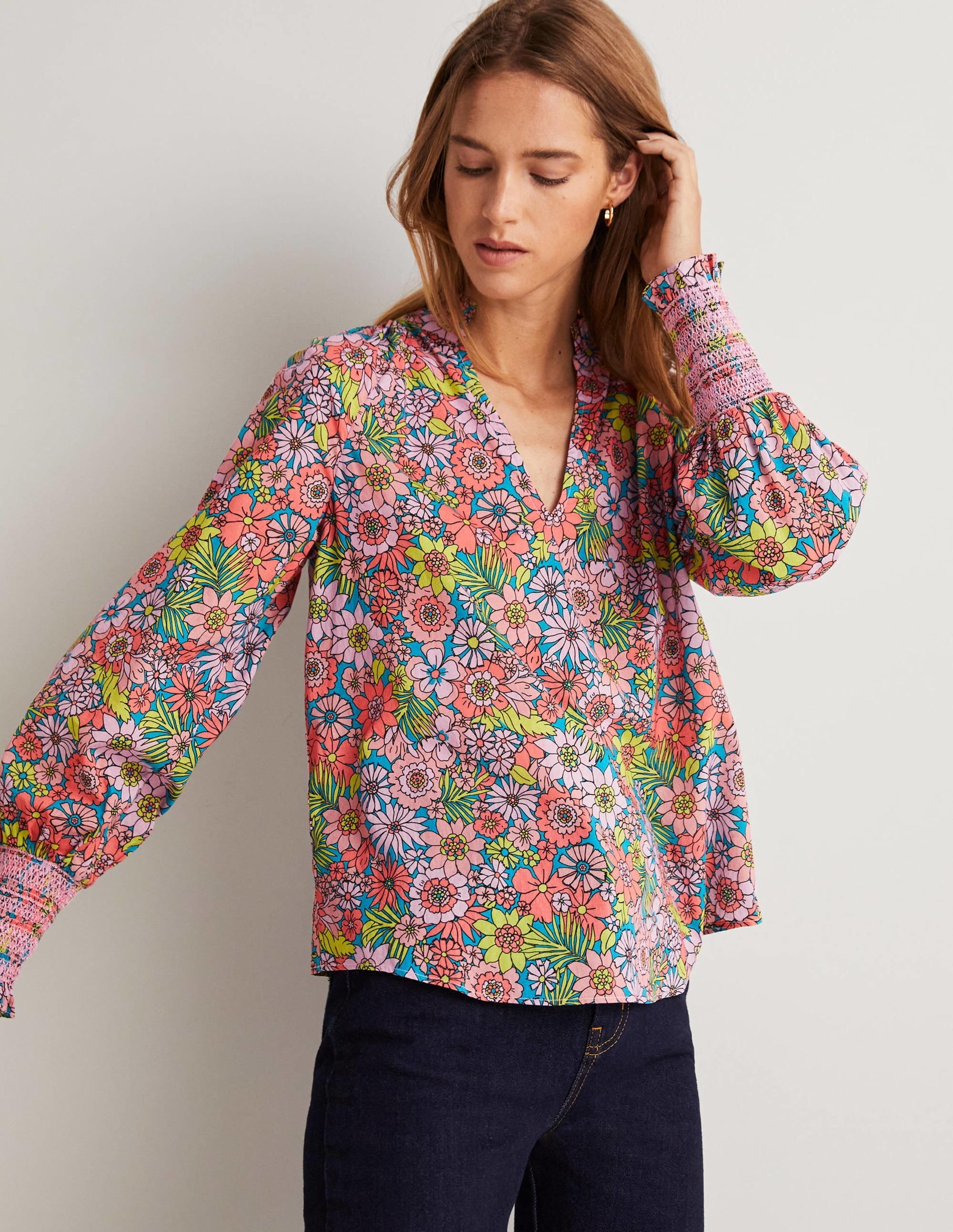 Smocked Cuff Printed Top-Bonbon Pink, Bloom Garden - Image 8