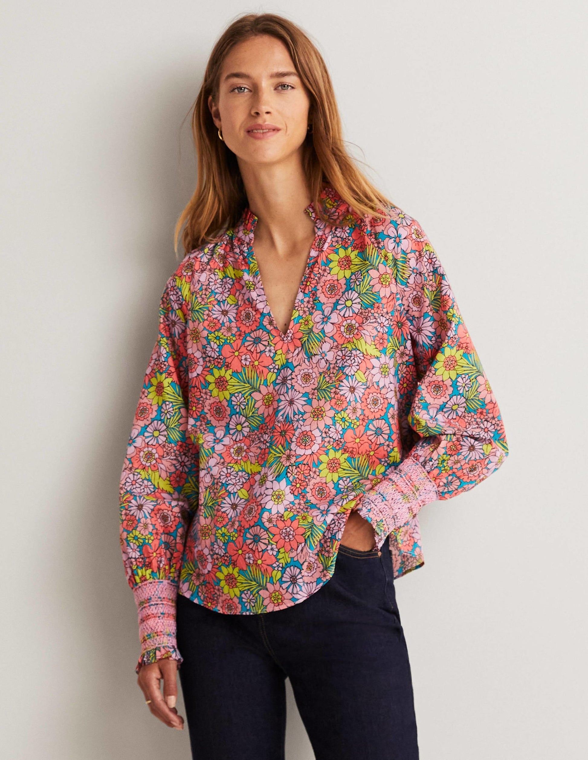 Smocked Cuff Printed Top-Bonbon Pink, Bloom Garden-5