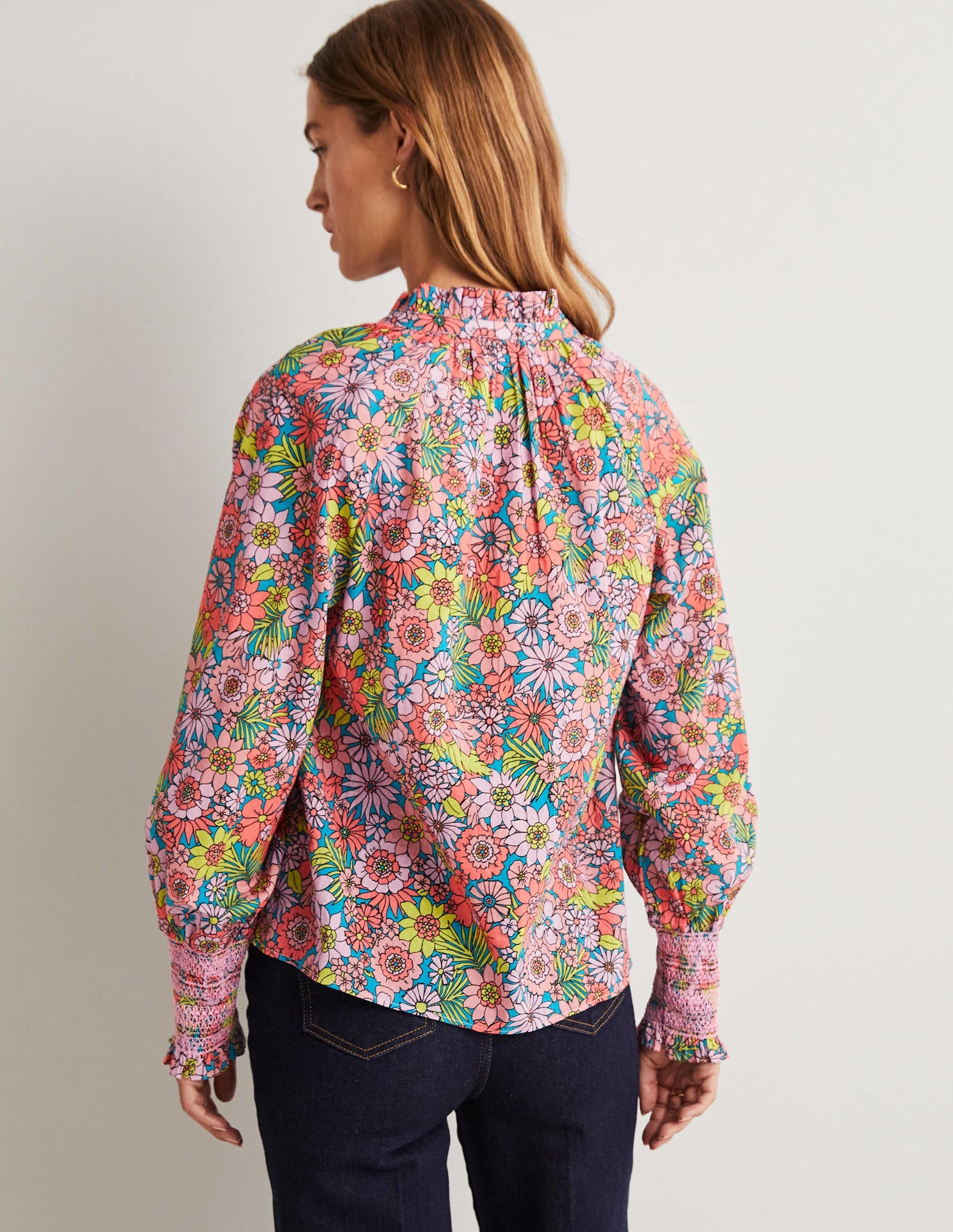 Smocked Cuff Printed Top-Bonbon Pink, Bloom Garden - Image 3