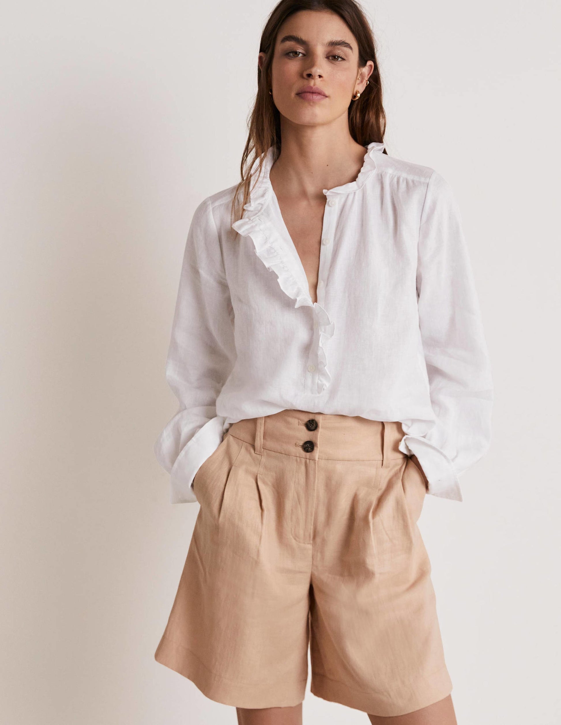 Ruffle Linen Popover Blouse-White-7