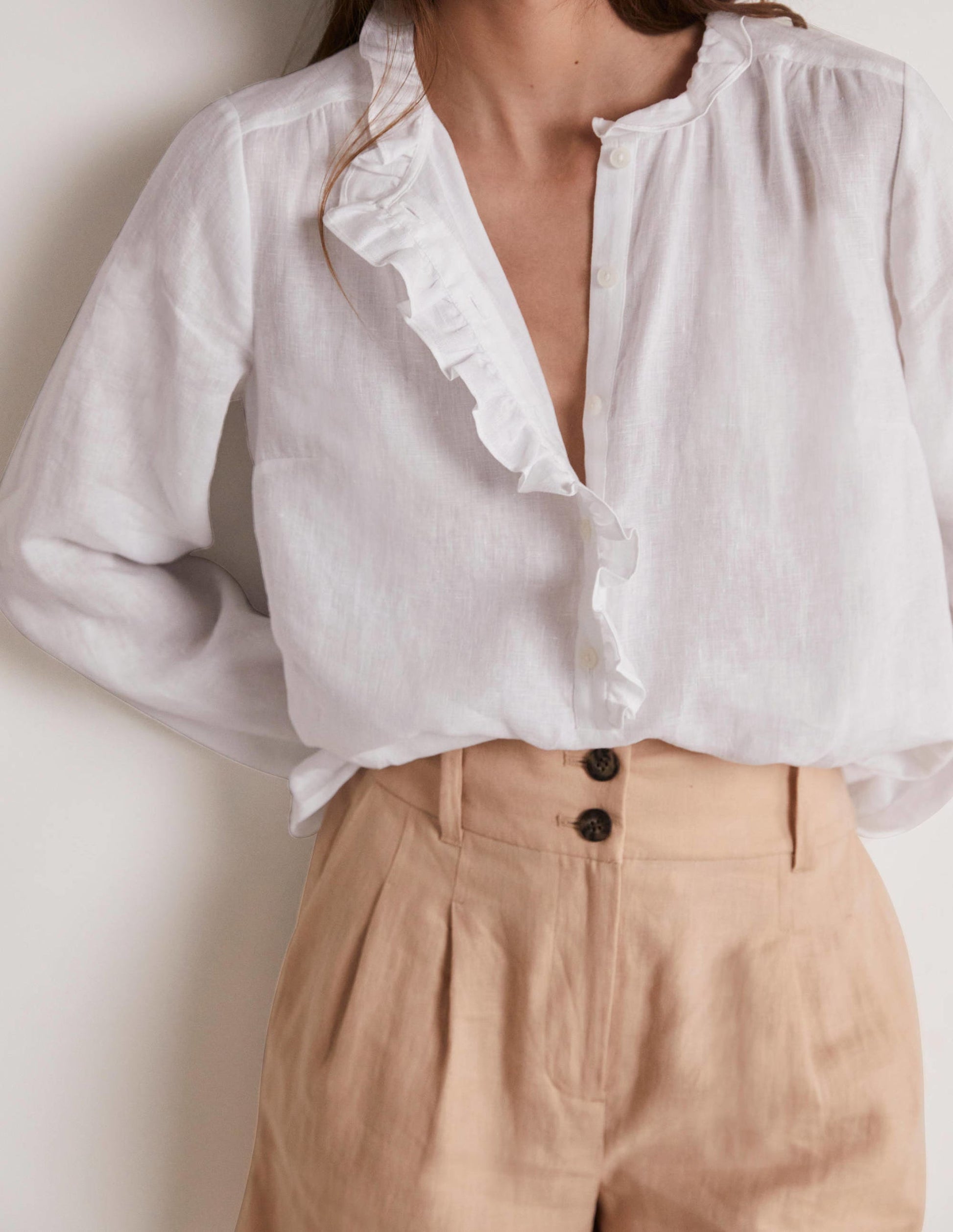 Ruffle Linen Popover Blouse-White-6