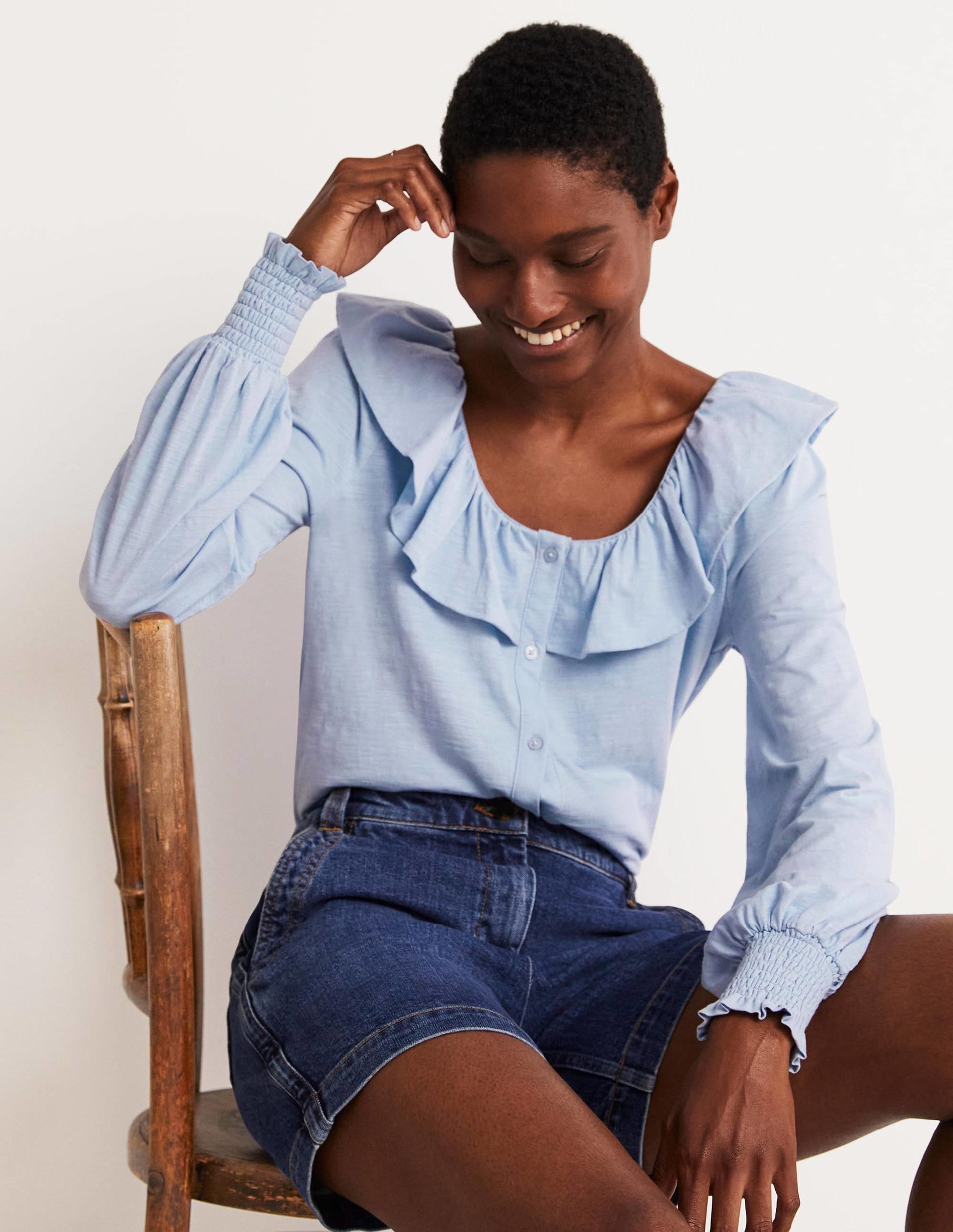 Scoop Frill Neck Jersey Top-Brunnera Blue-5