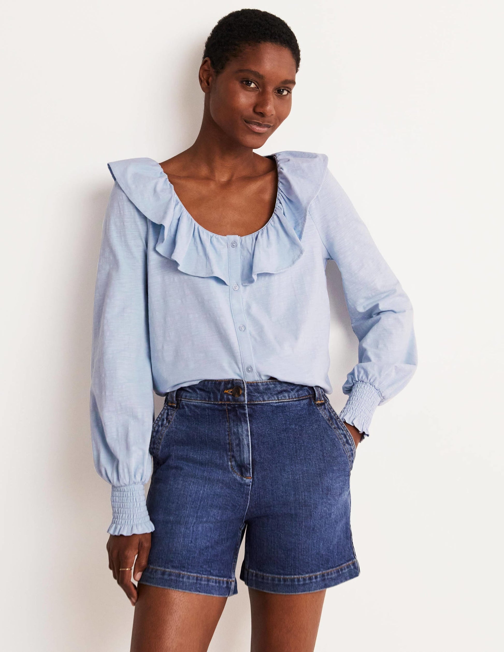Scoop Frill Neck Jersey Top-Brunnera Blue-4