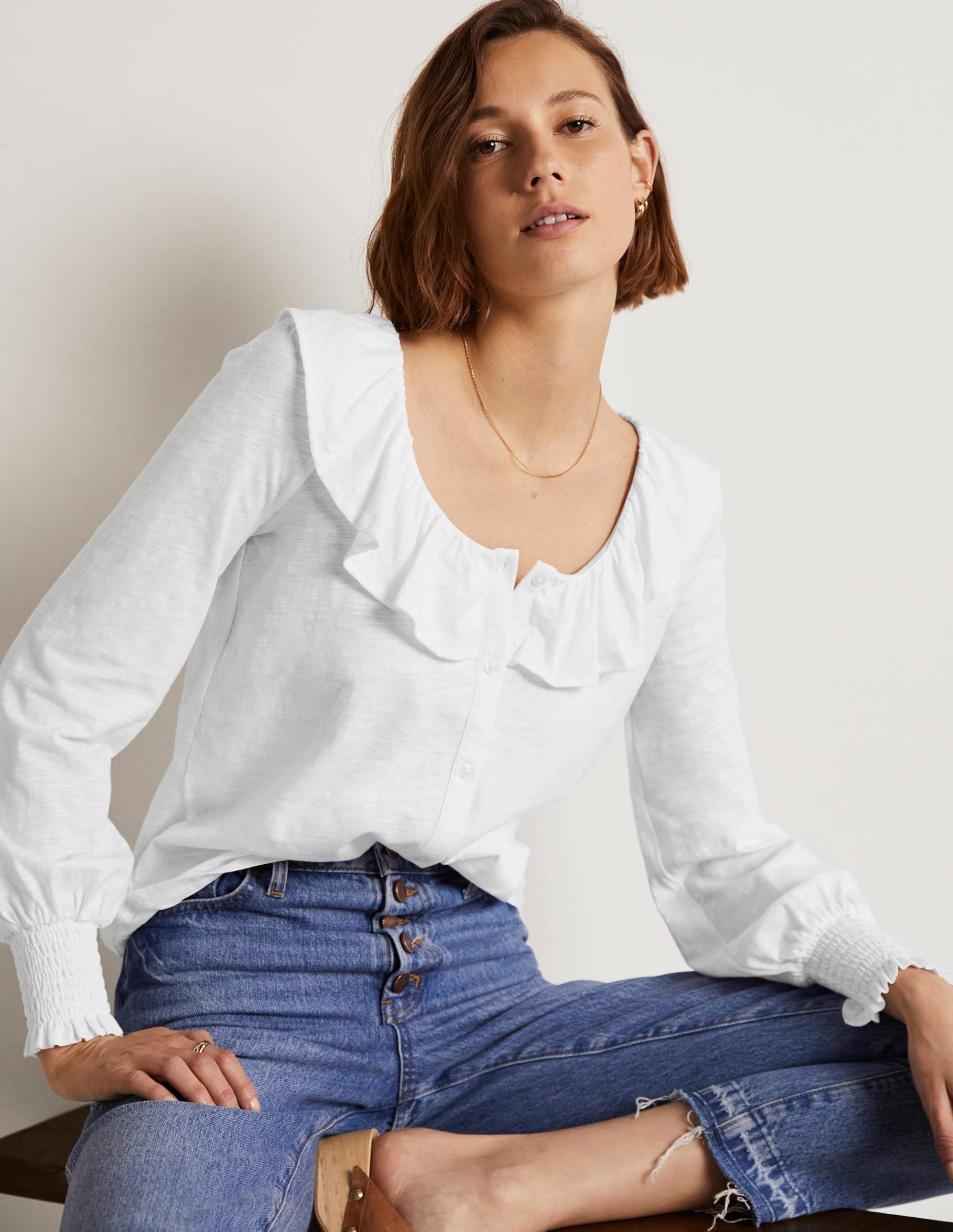 Scoop Frill Neck Jersey Top-White - Image 8