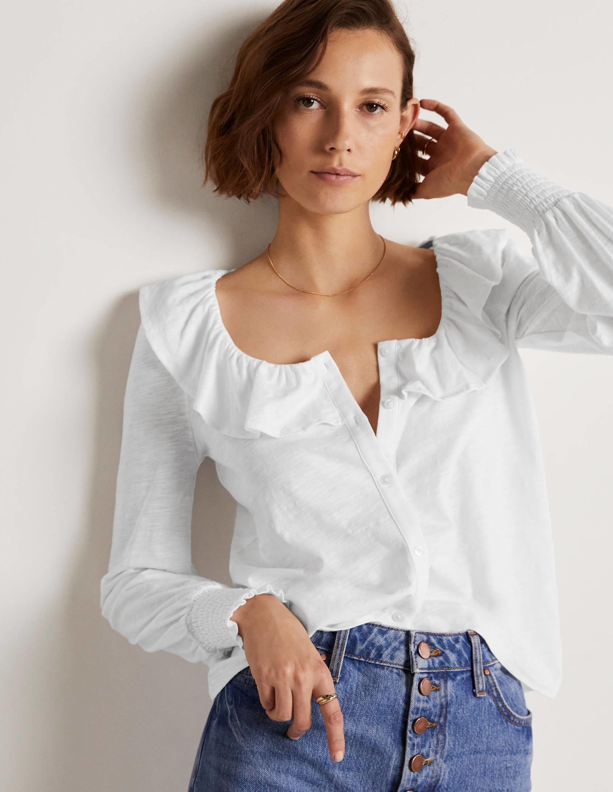 Scoop Frill Neck Jersey Top-White - Image 1