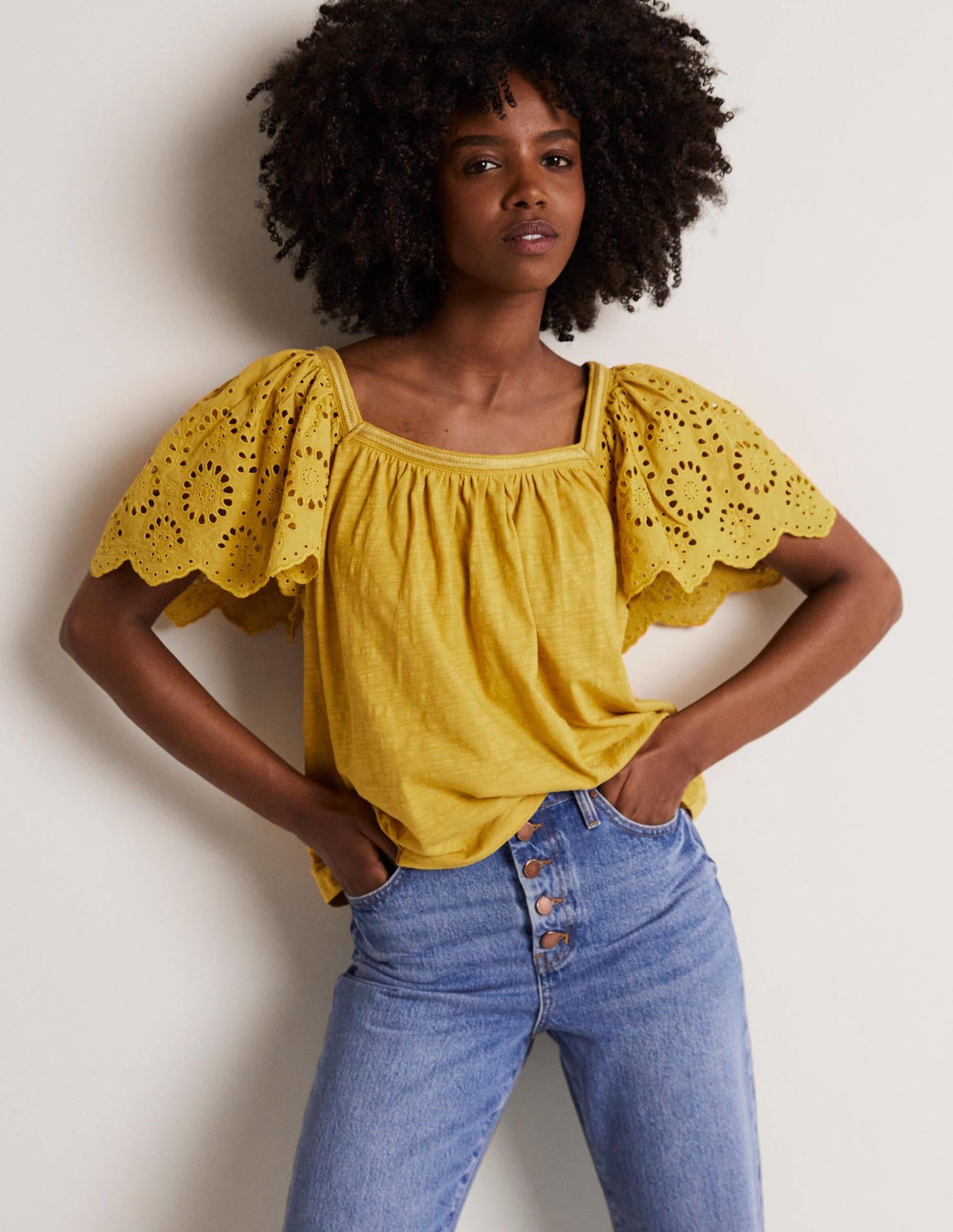 Square Neck Woven Sleeve Top-Olive Oil Yellow-5