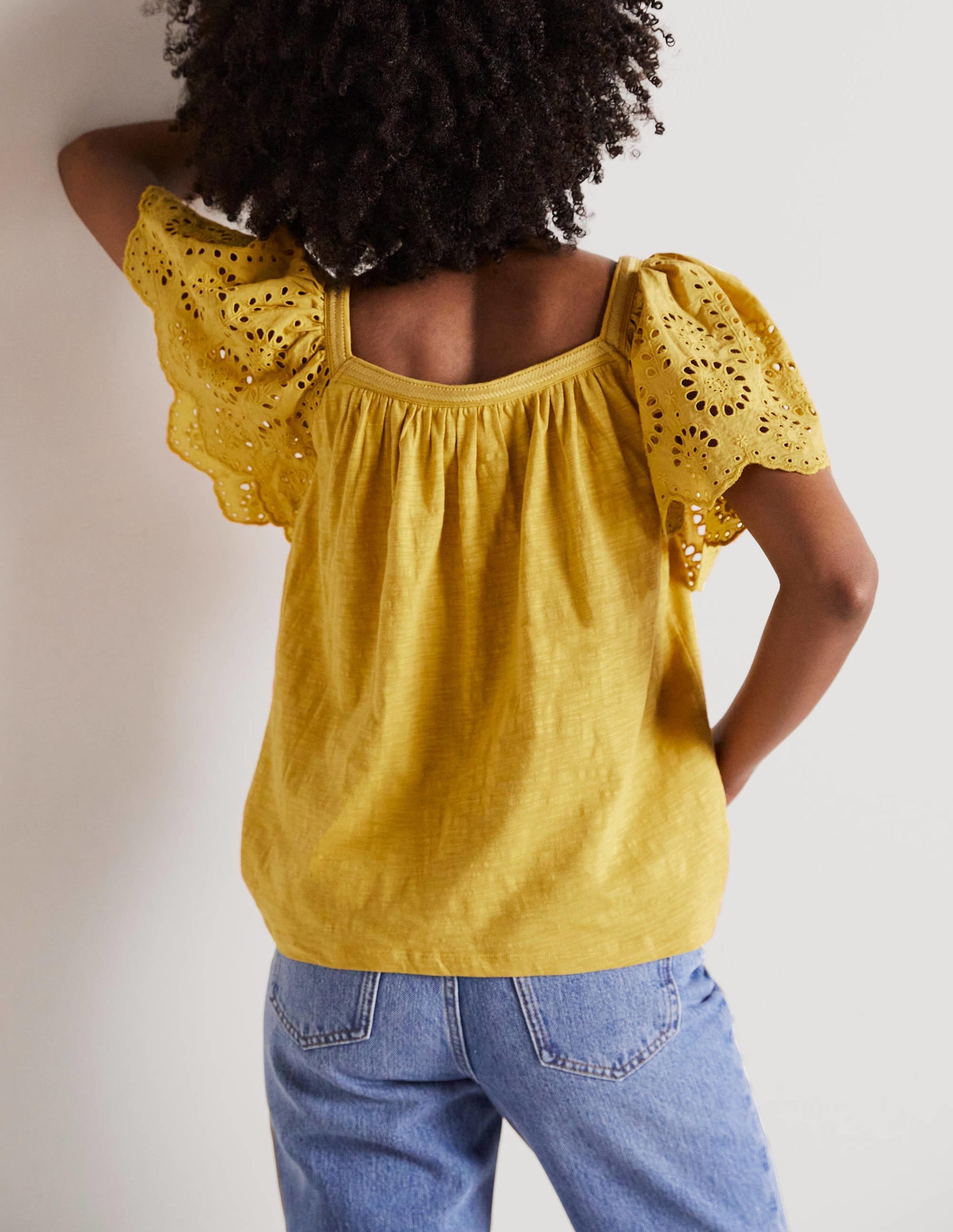 Square Neck Woven Sleeve Top-Olive Oil Yellow - Image 7