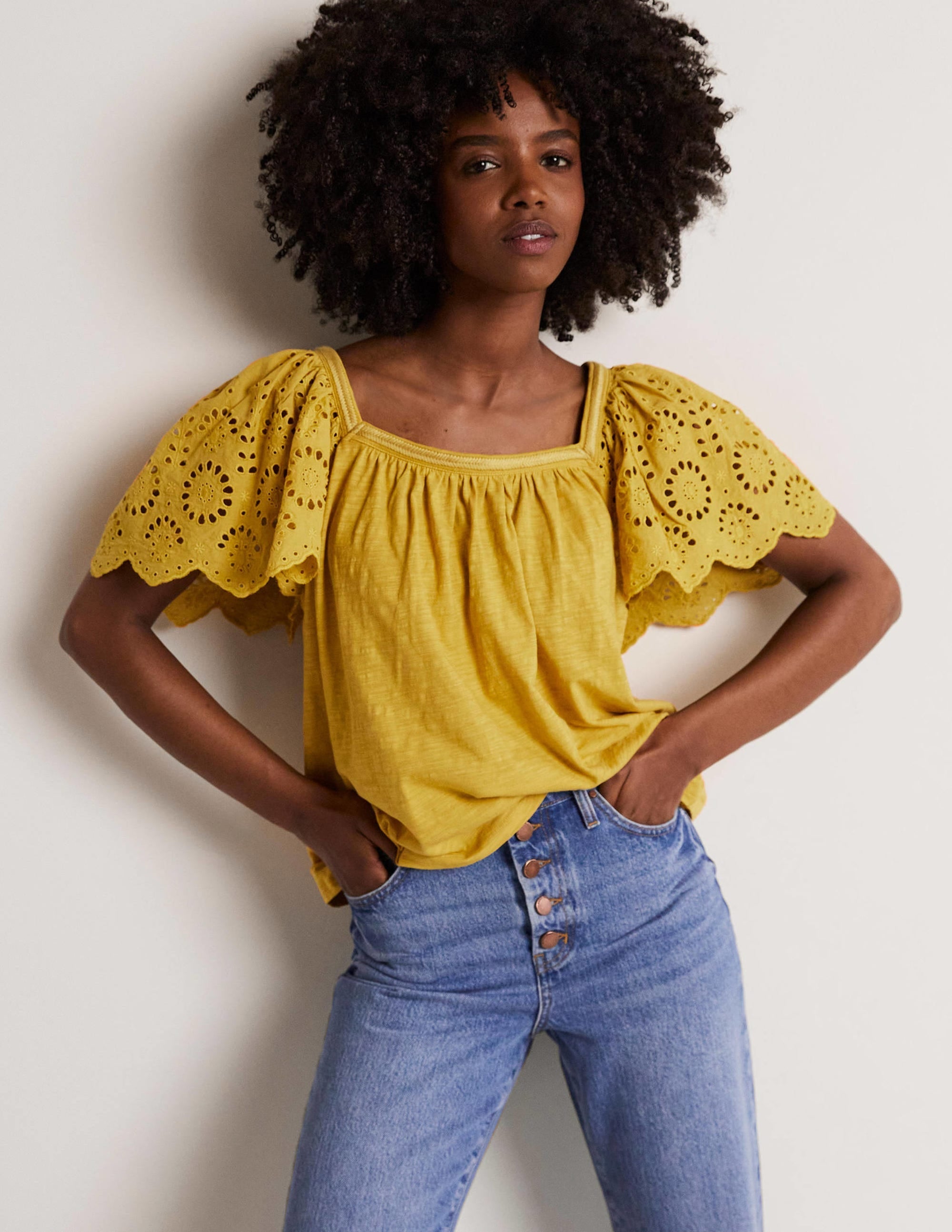 Square Neck Woven Sleeve Top-Olive Oil Yellow - Image 1