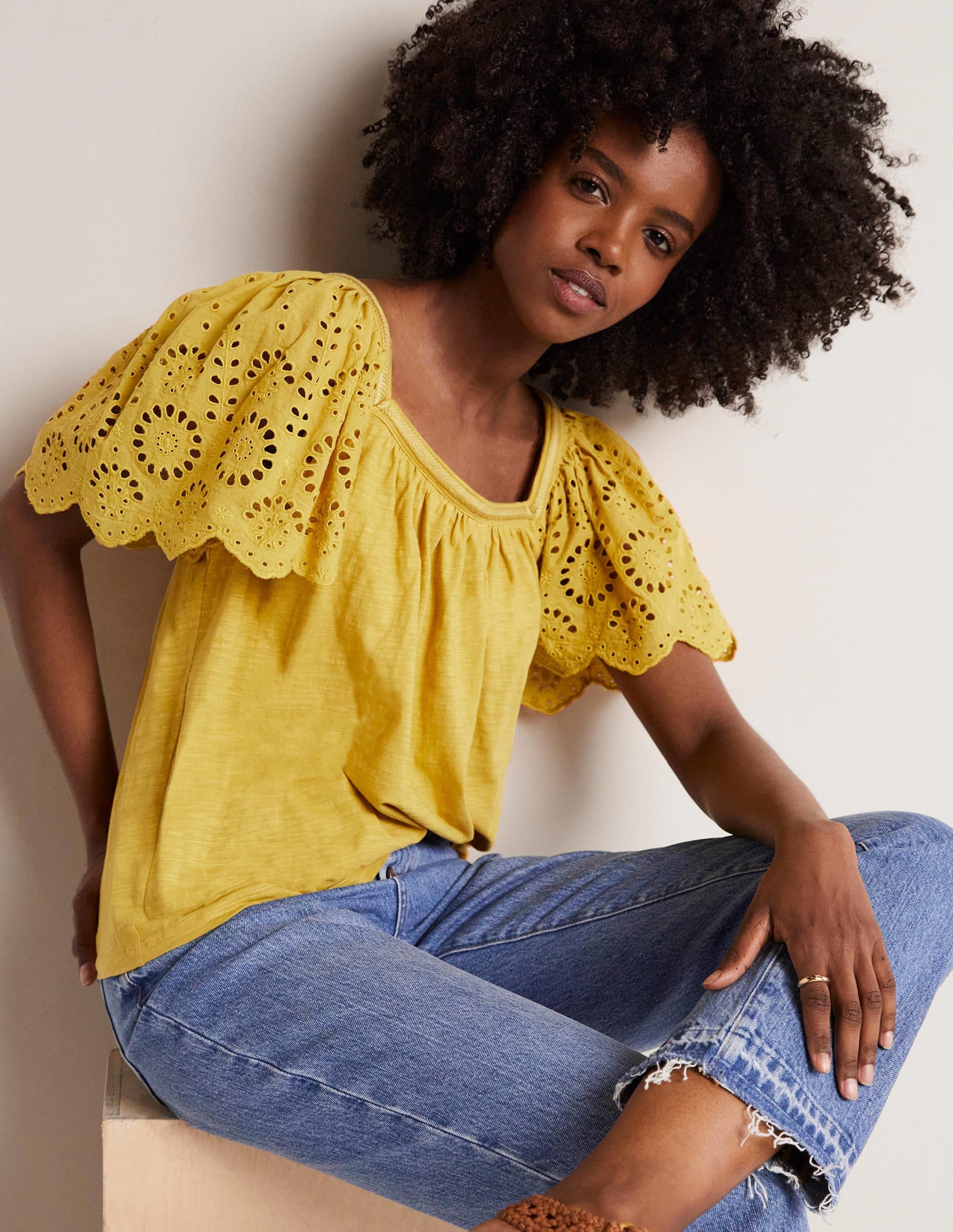 Square Neck Woven Sleeve Top-Olive Oil Yellow - Image 4